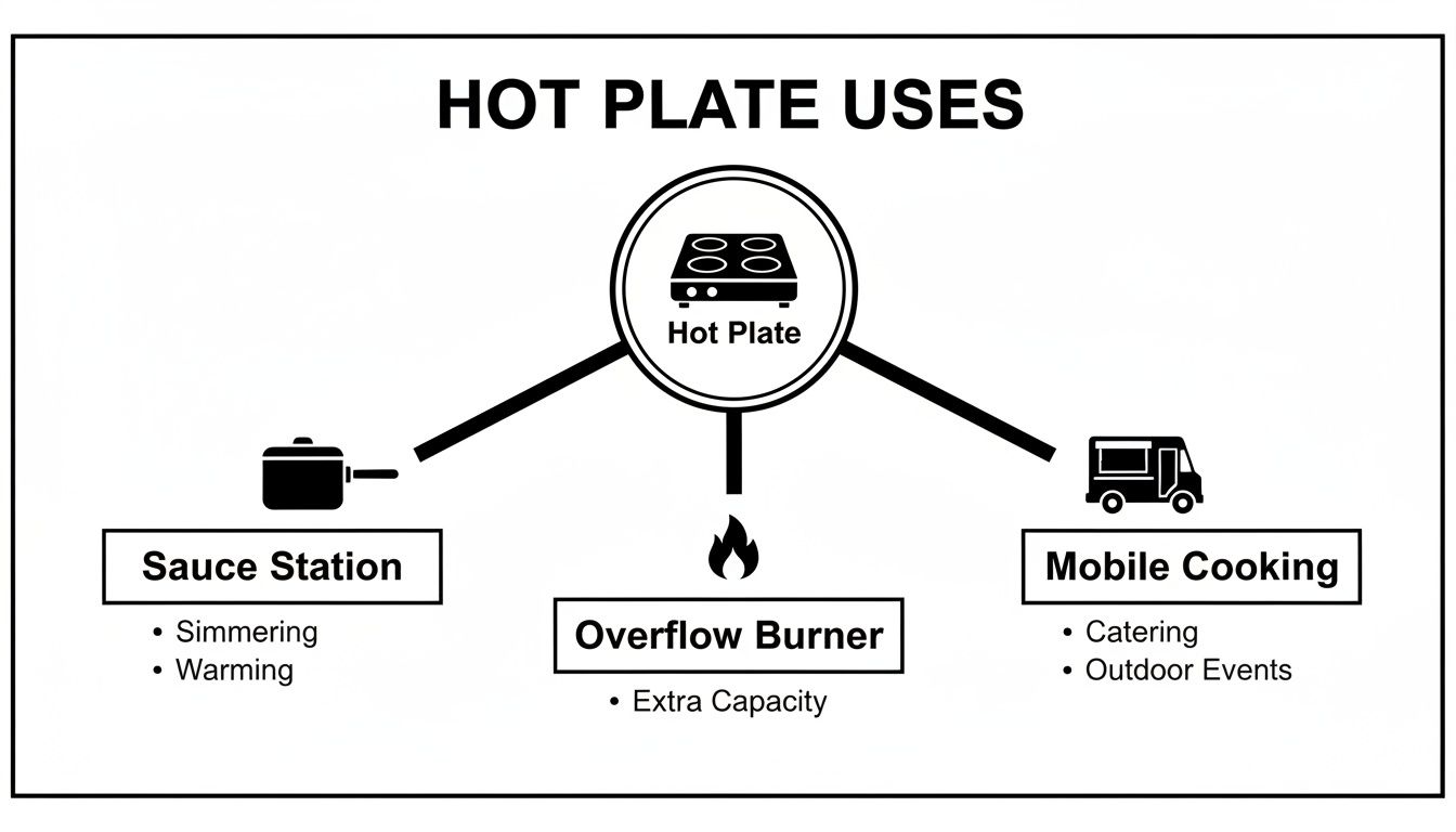 Diagram illustrating various hot plate uses, including sauce station, overflow burner, and mobile cooking.