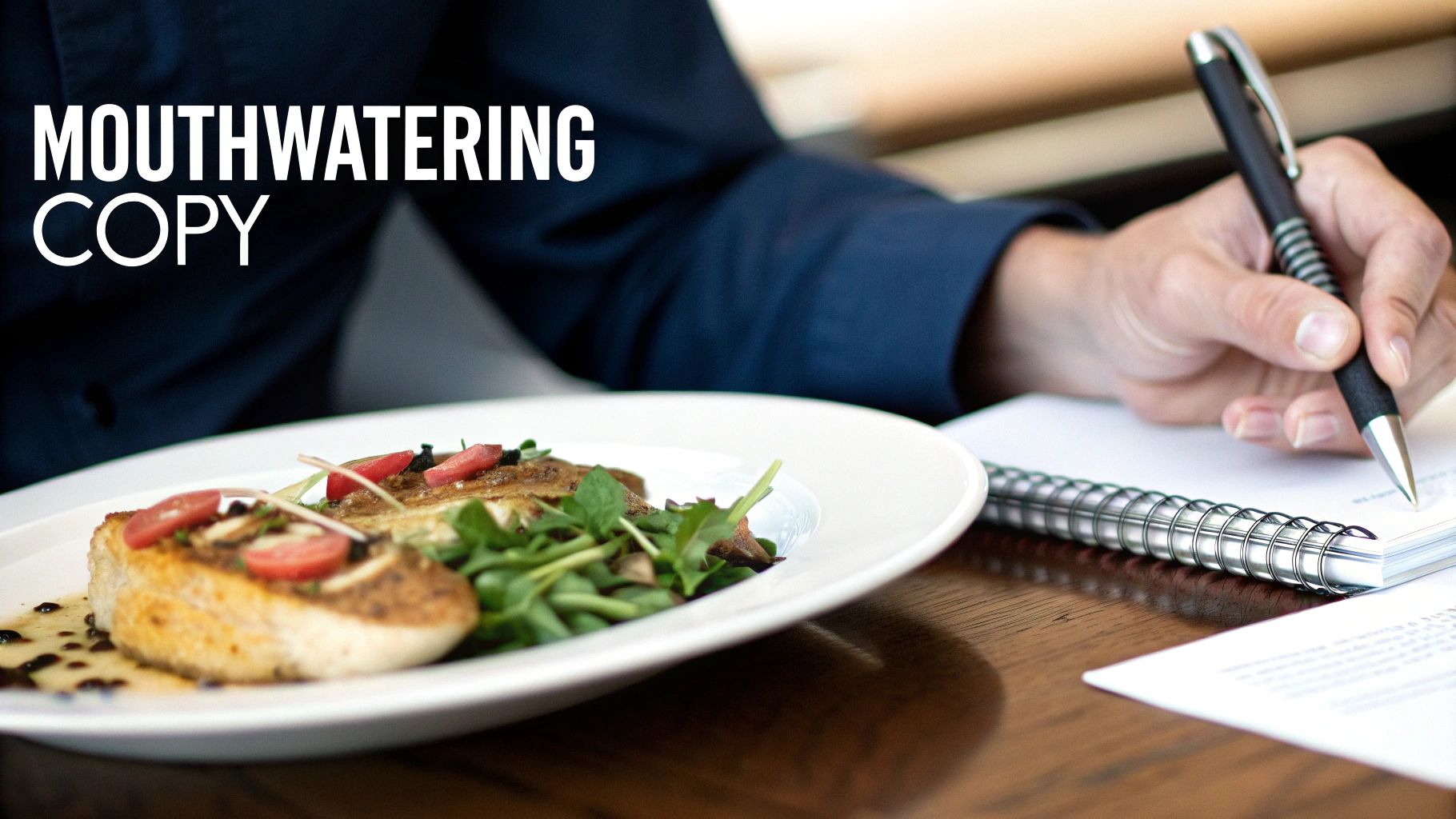 A hand holding a pen writes in a notebook beside a mouthwatering meal of bruschetta and greens.