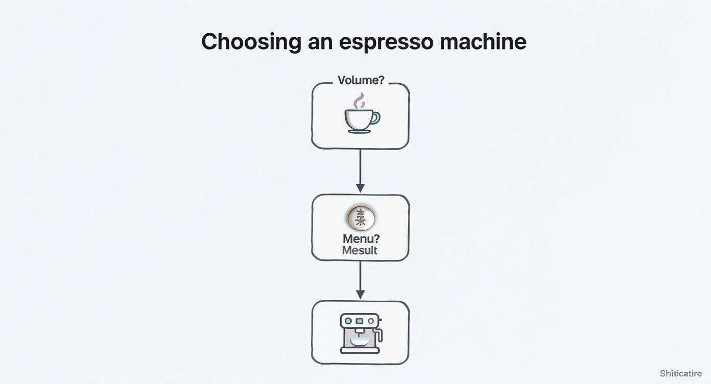 A flowchart showing steps to choose an espresso machine, considering volume and menu features.