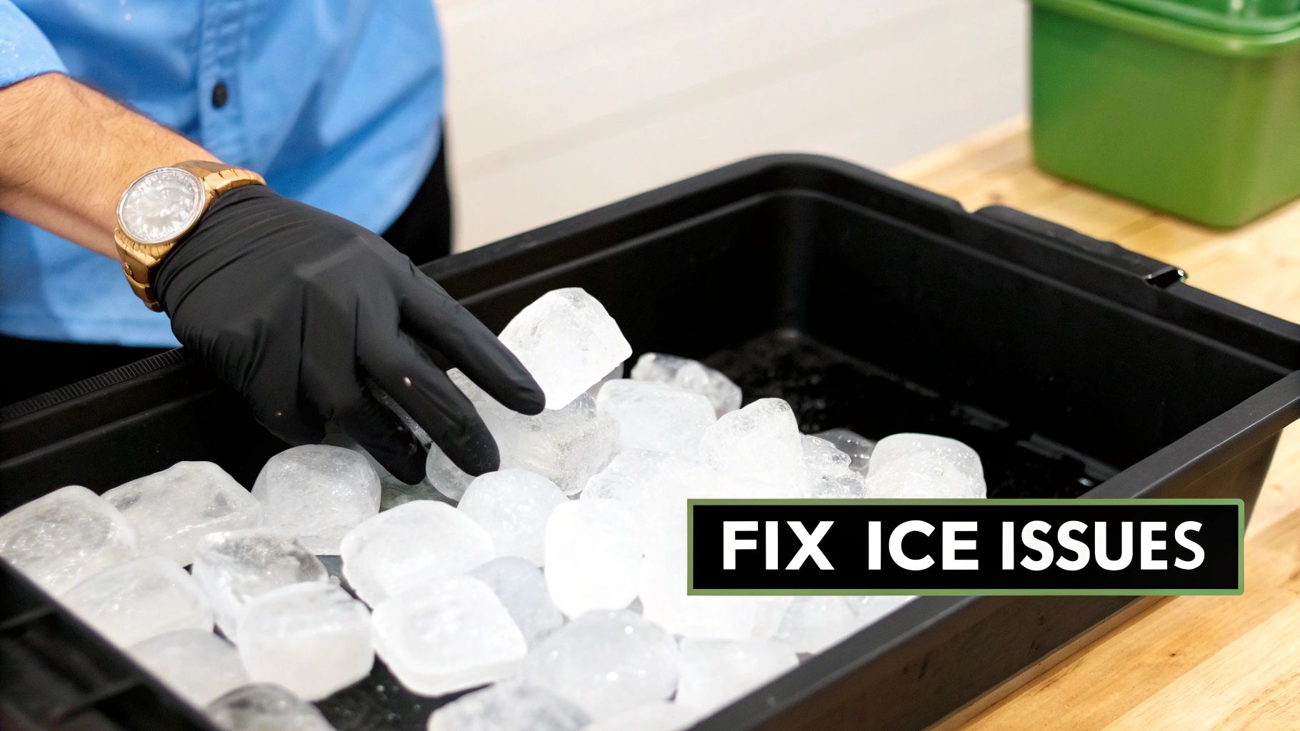 A gloved hand with a watch reaches into a black container filled with many ice cubes.