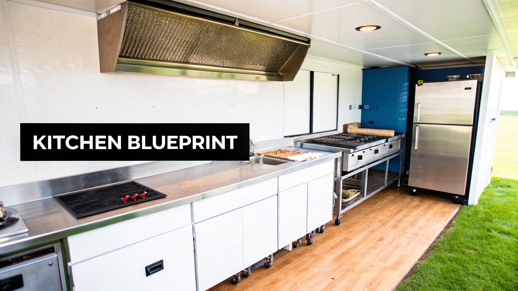 A clean, modern mobile commercial kitchen inside a food truck, featuring stainless steel appliances and counters.