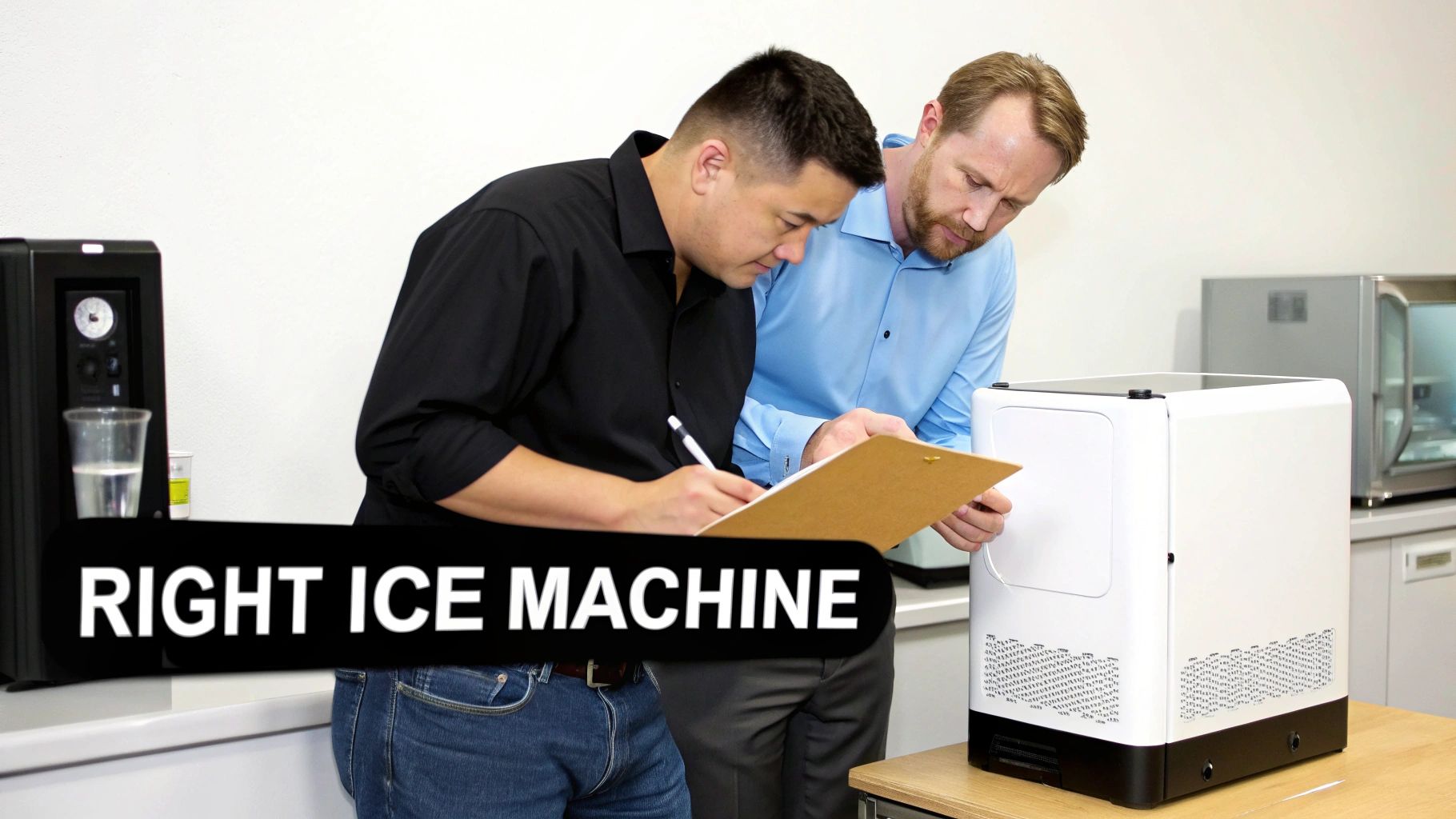Two men evaluating a white ice machine in an office, one writing on a clipboard.