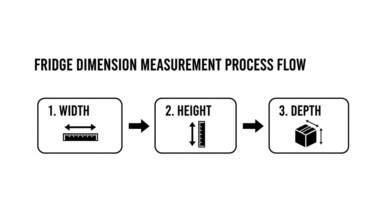 Flowchart showing three steps to measure fridge dimensions: width, height, and depth.