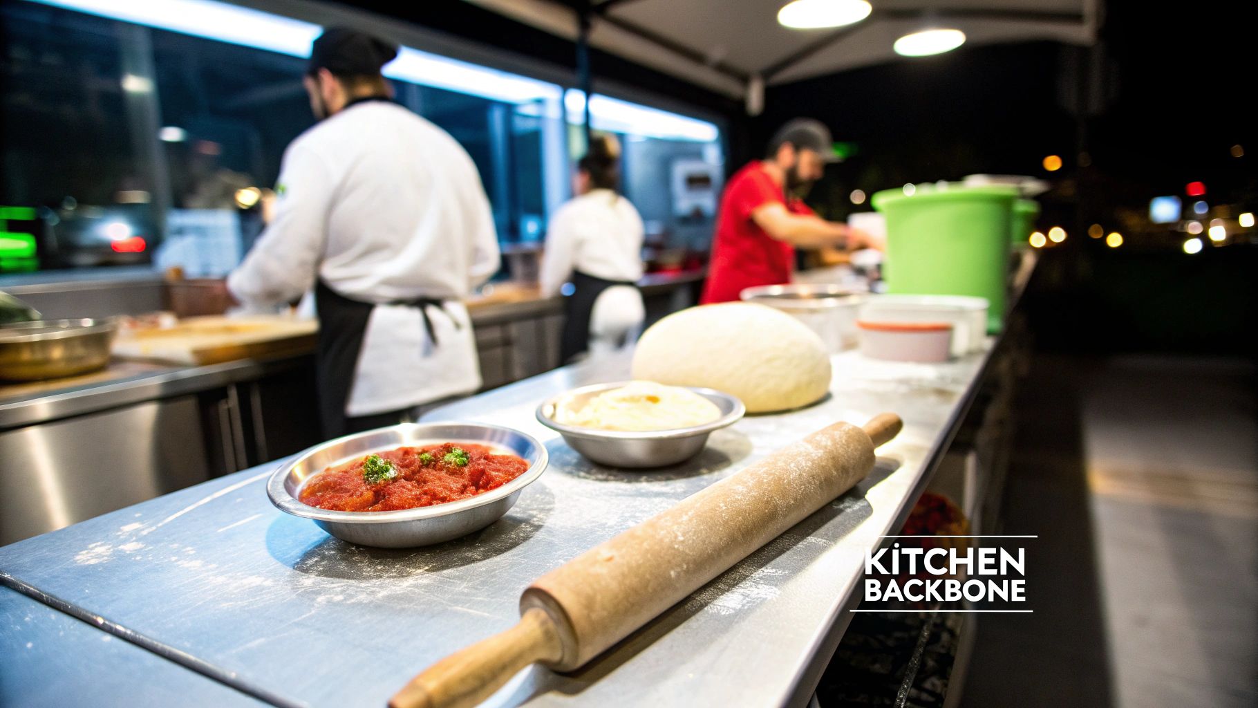 Chefs work in a busy kitchen with a stainless steel counter, dough, sauce, and a rolling pin for food preparation.