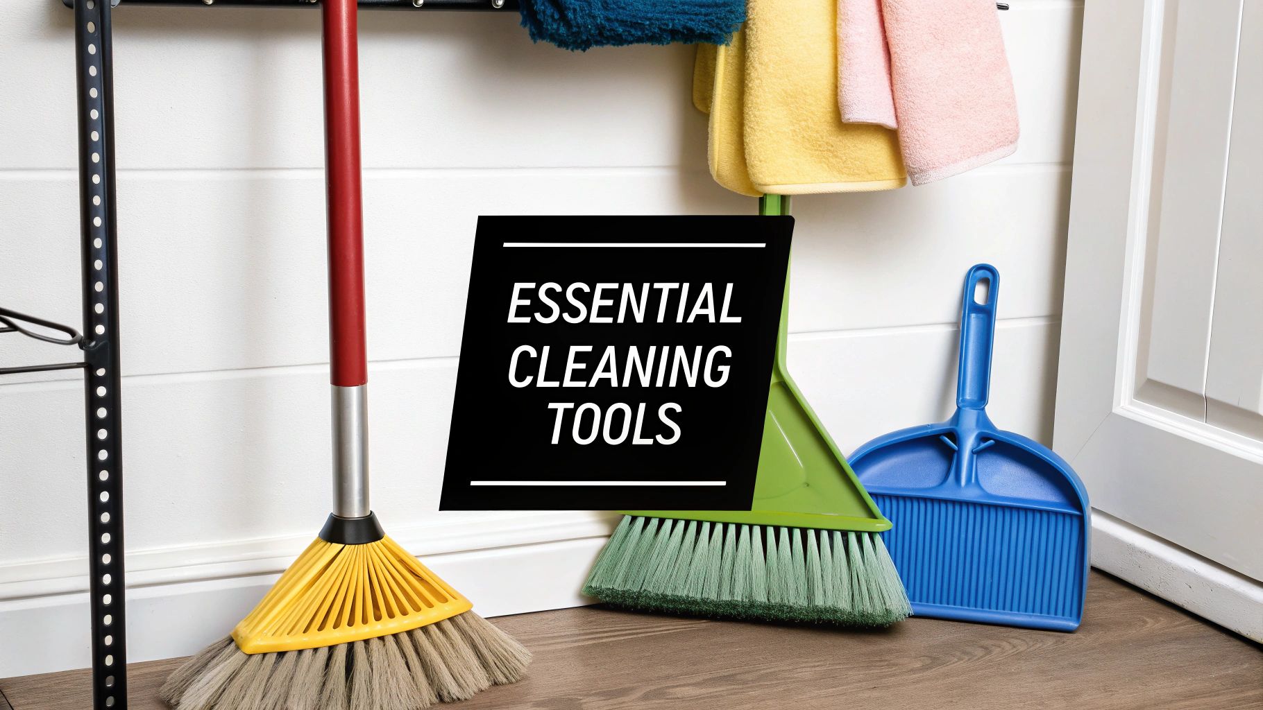 A collection of restaurant cleaning tools, including color-coded spray bottles and microfiber cloths, organized on a metal shelf.
