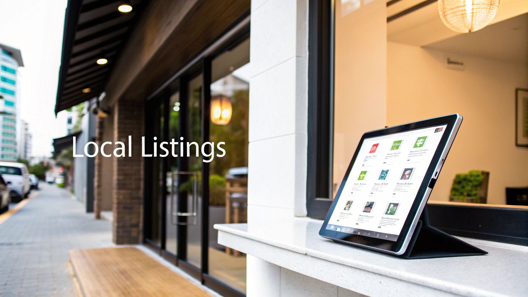A tablet displaying local business listings in a modern storefront window, with a street view outside.