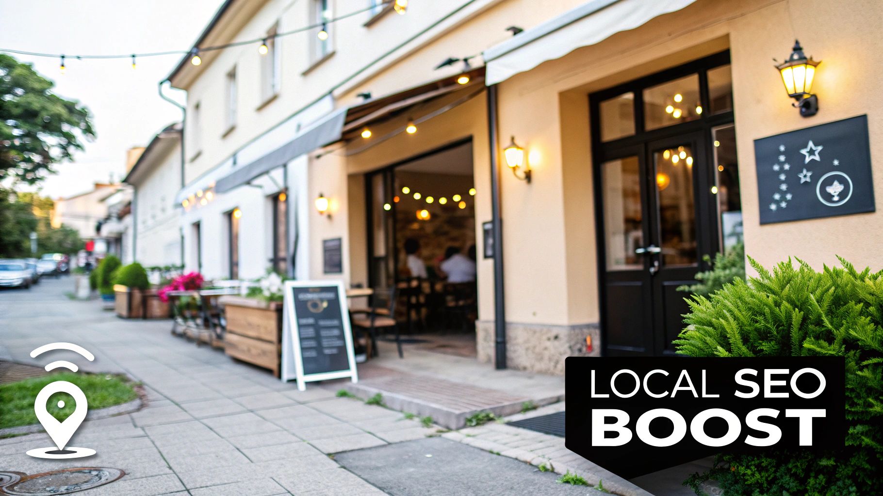 A charming local business facade with outdoor seating, string lights, and a street view.