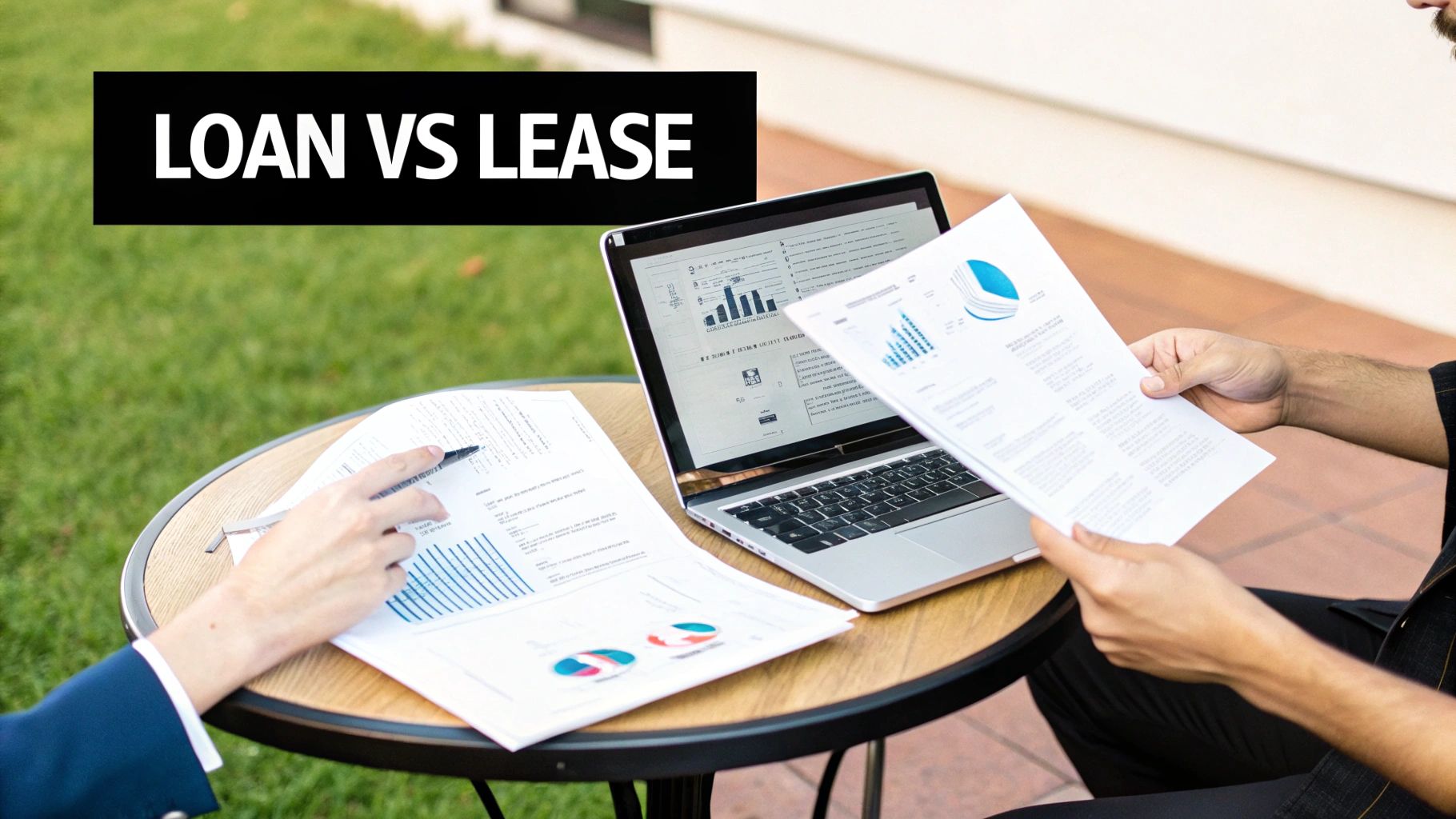 Business professionals analyzing loan vs lease options with documents and laptop outdoors.