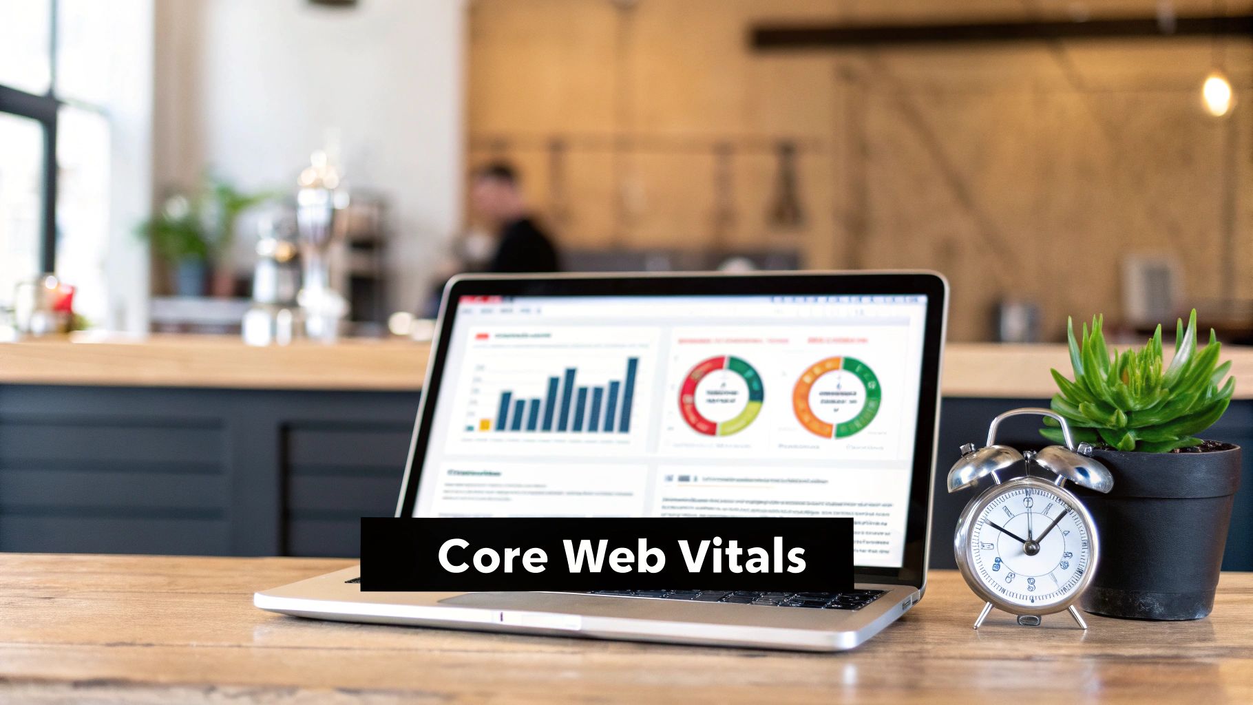 Laptop displaying a Core Web Vitals dashboard with charts, an alarm clock, and a green plant.