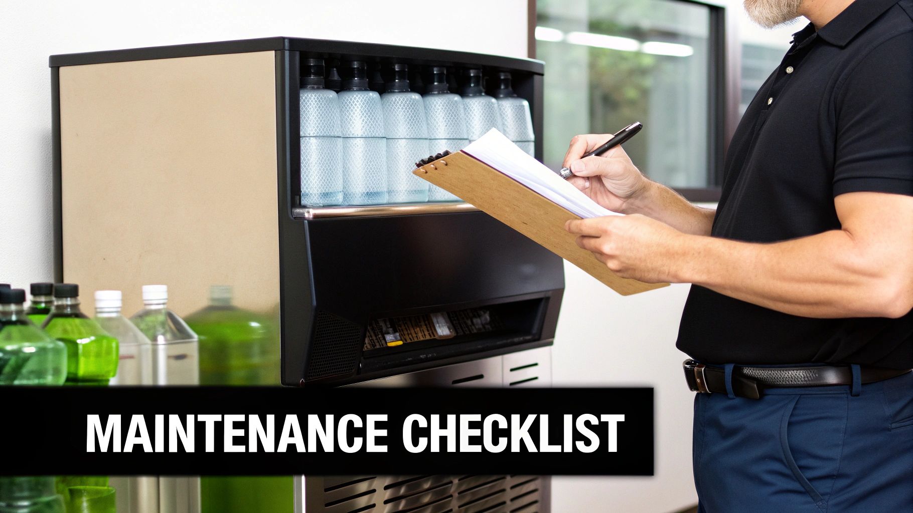 A technician reviews a maintenance checklist on a clipboard next to a commercial ice maker with beverage bottles.