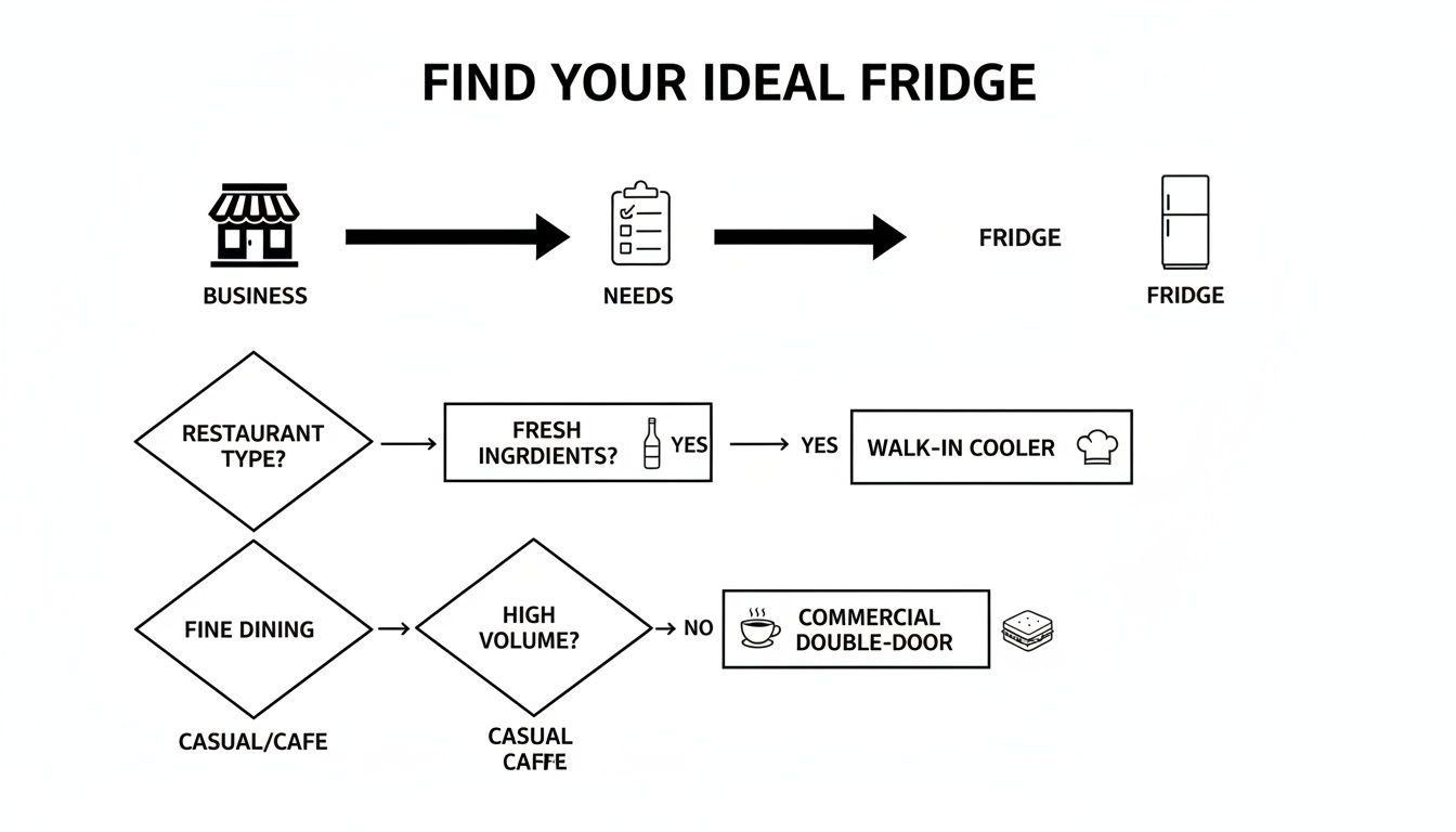 Flowchart guiding businesses to find their ideal commercial fridge based on restaurant type and needs.