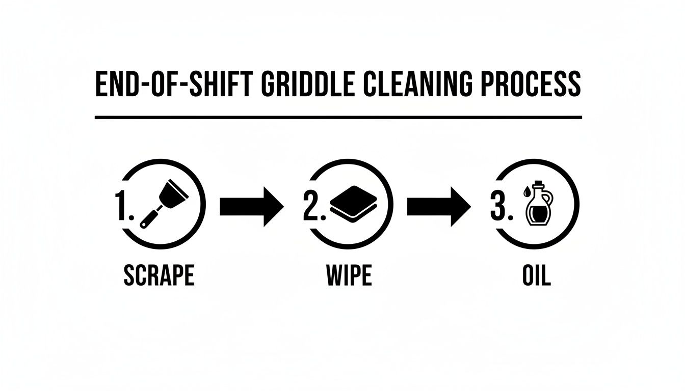 End-of-shift griddle cleaning process showing three steps: scrape, wipe, and oil.