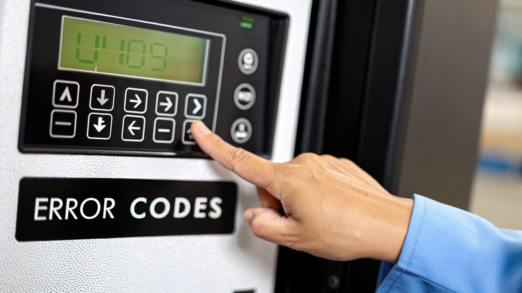 A person's hand presses a button on a machine control panel displaying 'U 109' and 'ERROR CODES'.