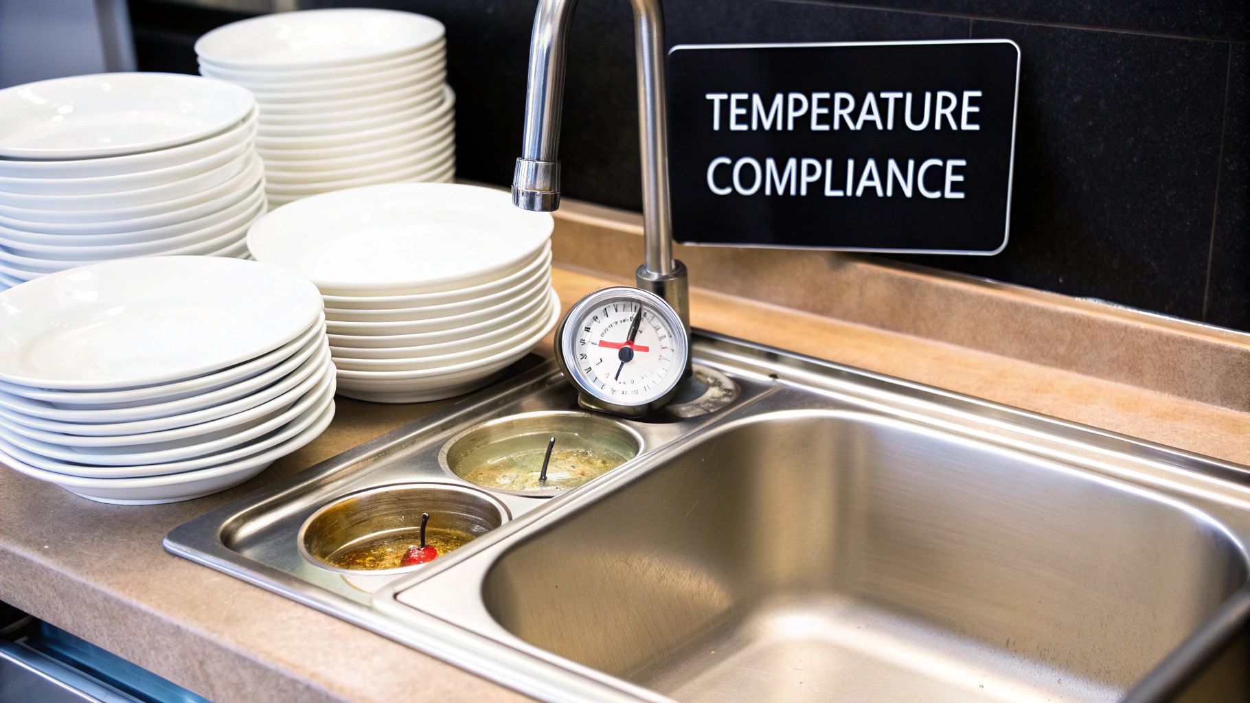 A commercial kitchen sink with a water thermometer, faucet, stacked white plates, and a temperature compliance sign.