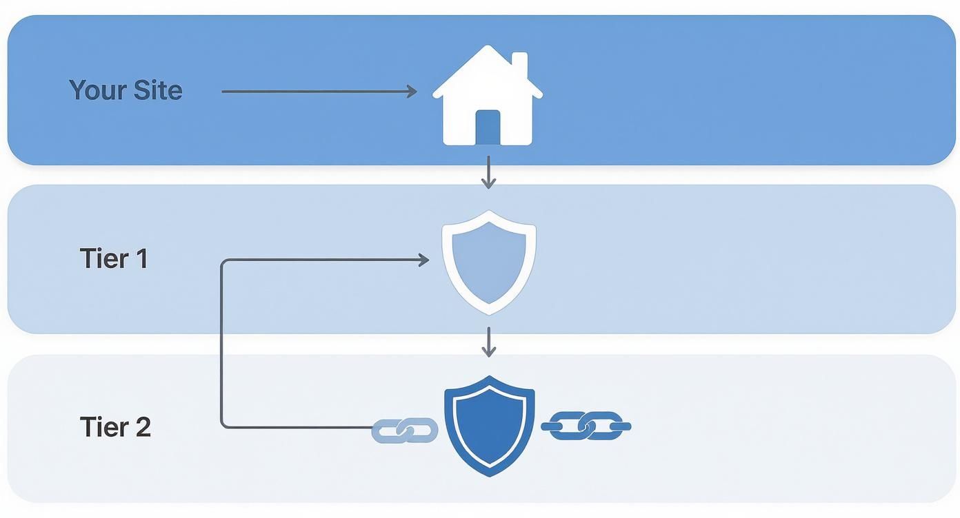 Diagram illustrating a multi-tiered link building strategy with Your Site, Tier 1, and Tier 2 links.