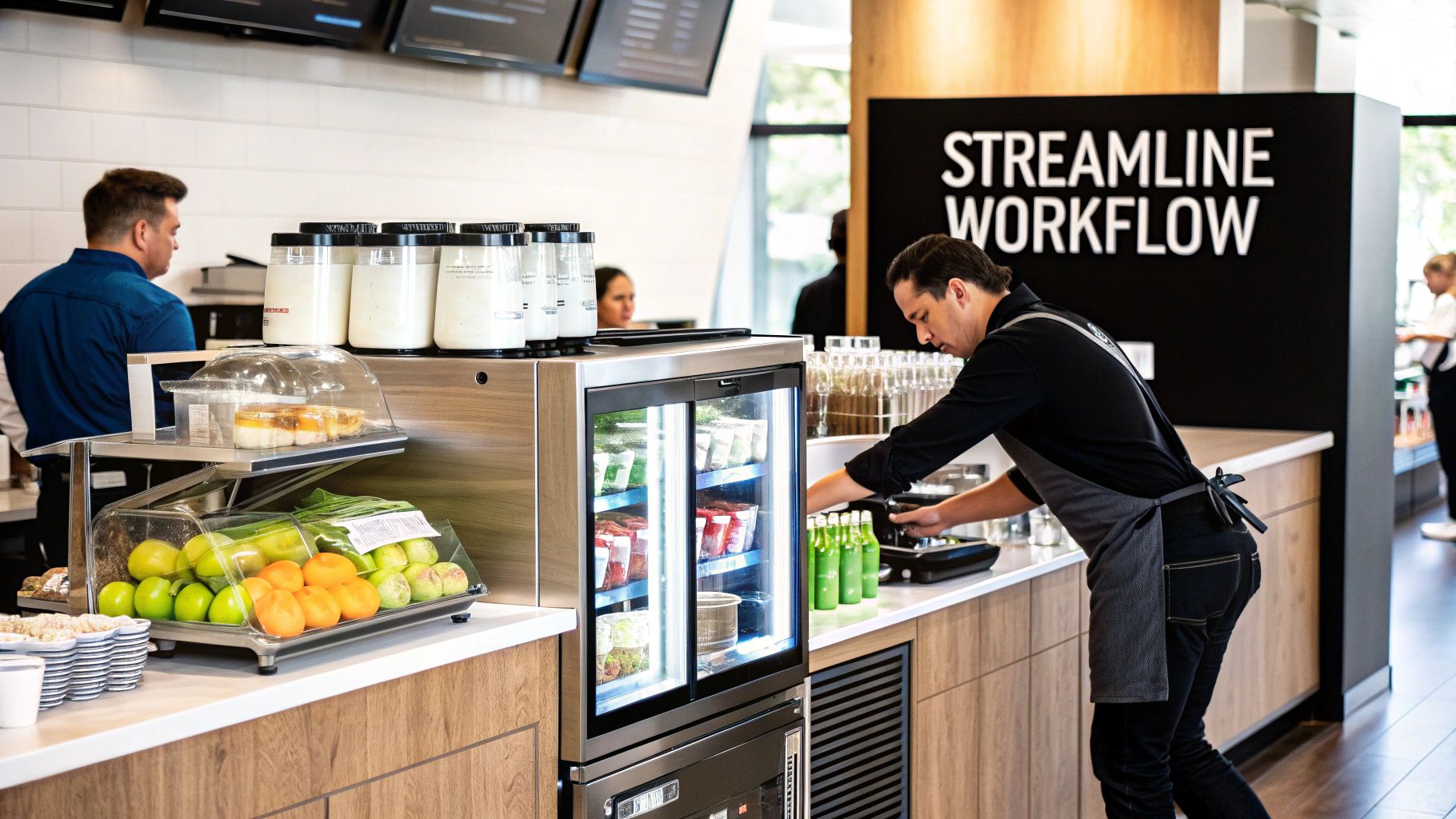A chef preparing food on a stainless steel prep table with an undercounter freezer refrigerator combo below.