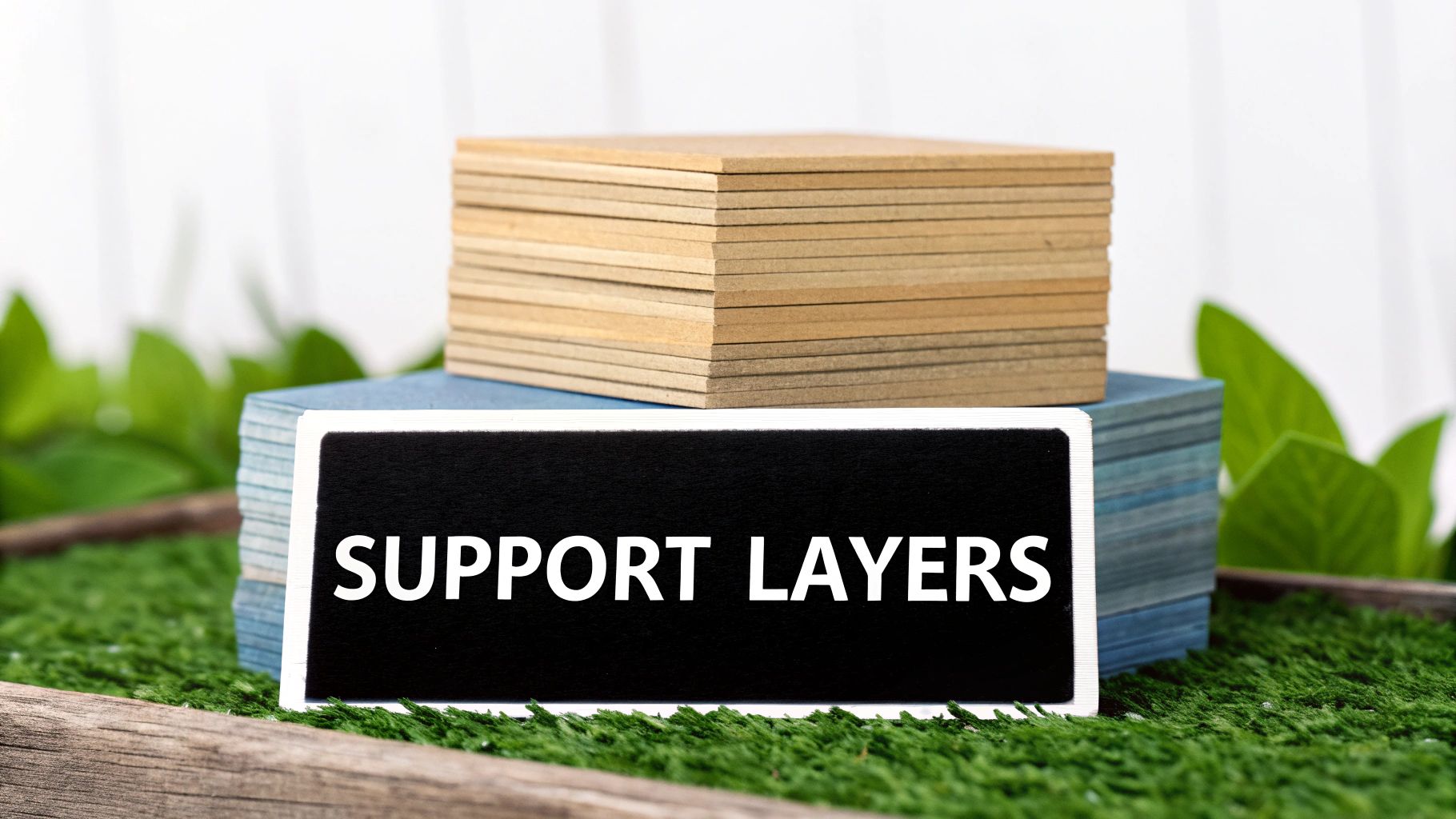 A black sign with 'SUPPORT LAYERS' on green grass, backed by stacks of cardboard pieces.