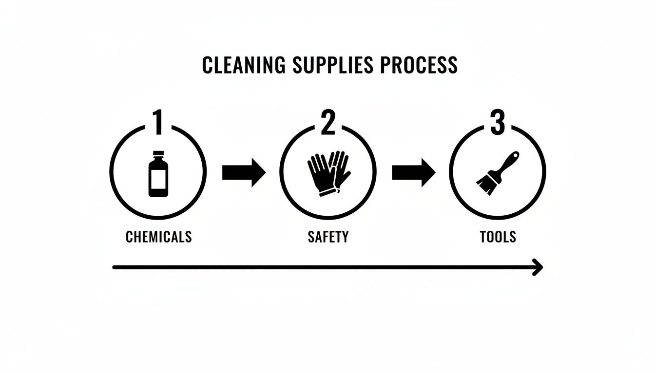 Infographic illustrating the three-step cleaning supplies process: chemicals, safety gear, and tools with icons.