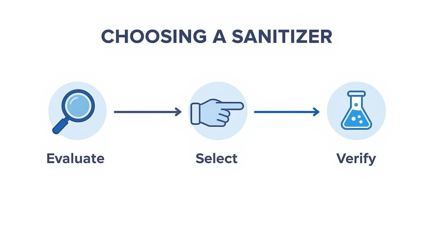 Flowchart illustrating the three steps for choosing a sanitizer: evaluate, select, and verify.