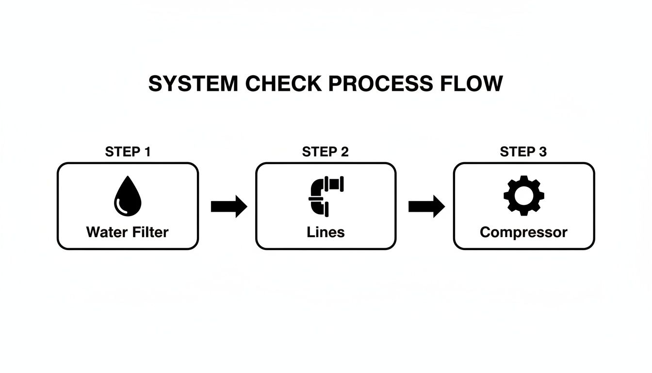 Process flow diagram showing three steps for a system check: Water Filter, Lines, and Compressor.