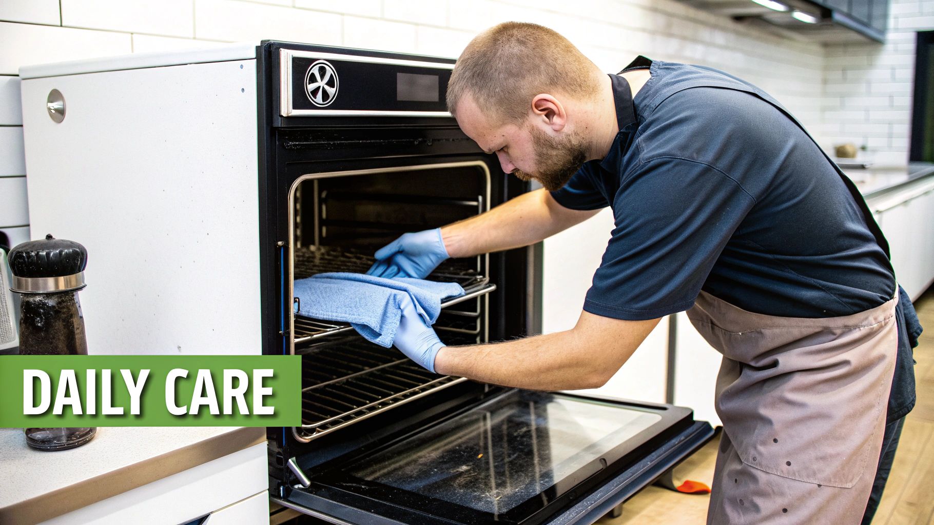 Man in blue gloves and apron cleaning the interior of a gas convection oven with a blue cloth.