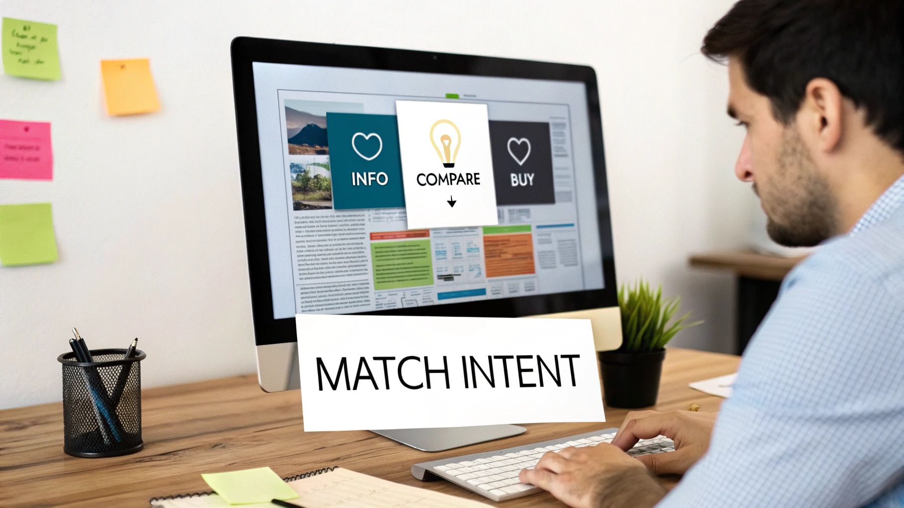 Man matching user intent by analyzing info, compare, and buy options on a computer screen.