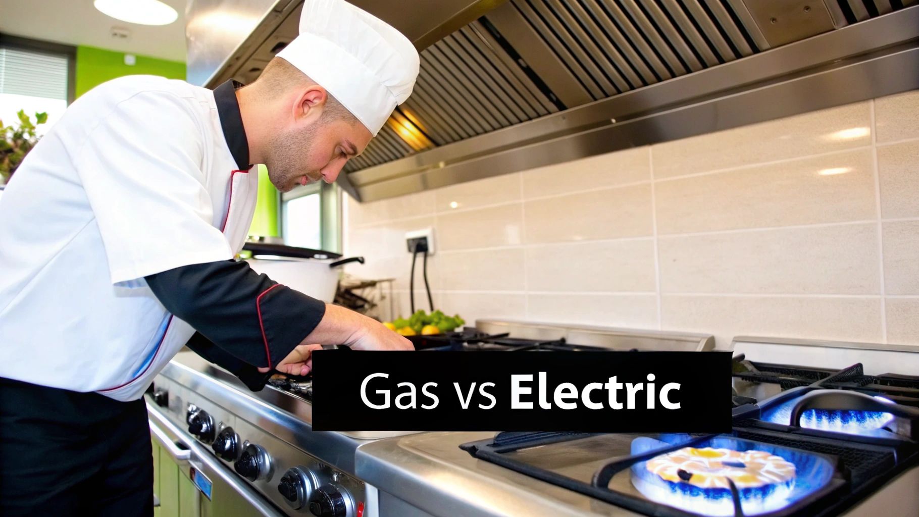 A chef cooking on a commercial griddle, illustrating the choice between gas and electric models.