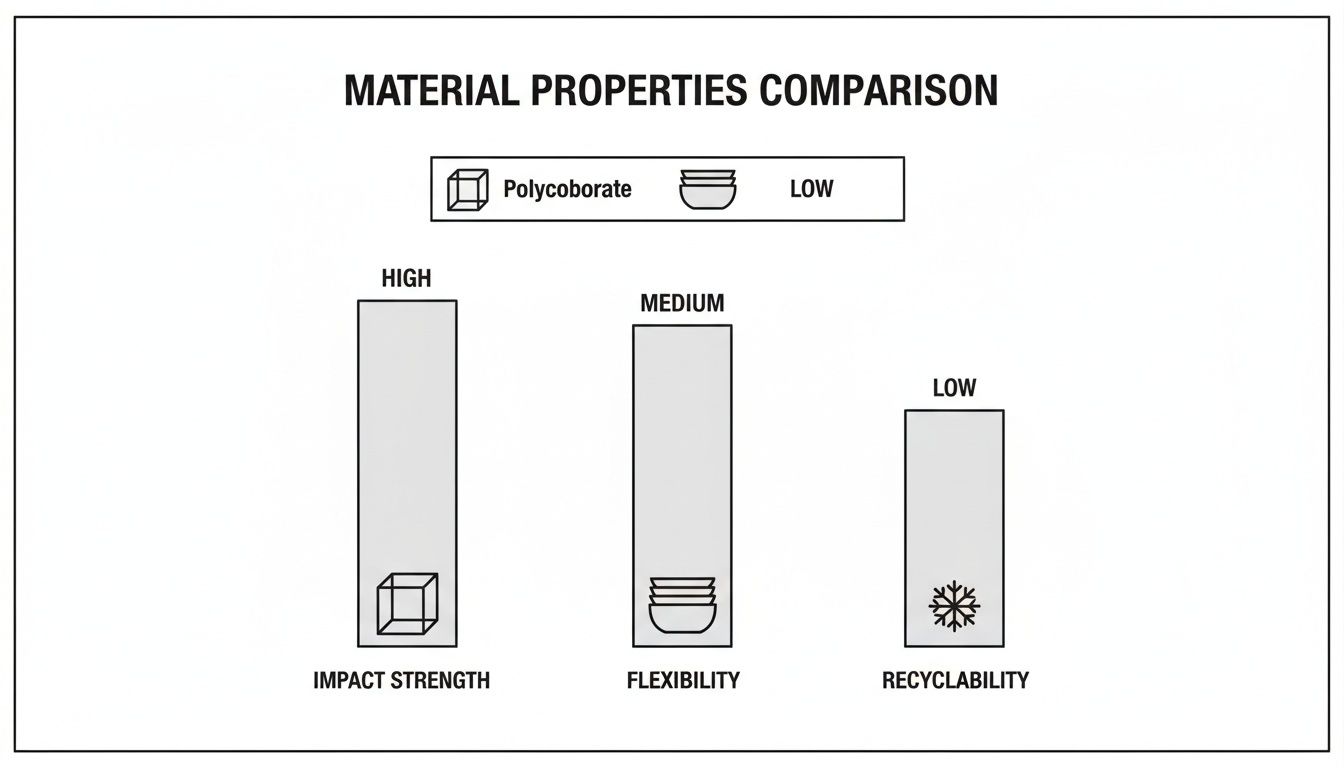 Bar chart comparing Polycoborate material properties: high impact strength, medium flexibility, low recyclability.