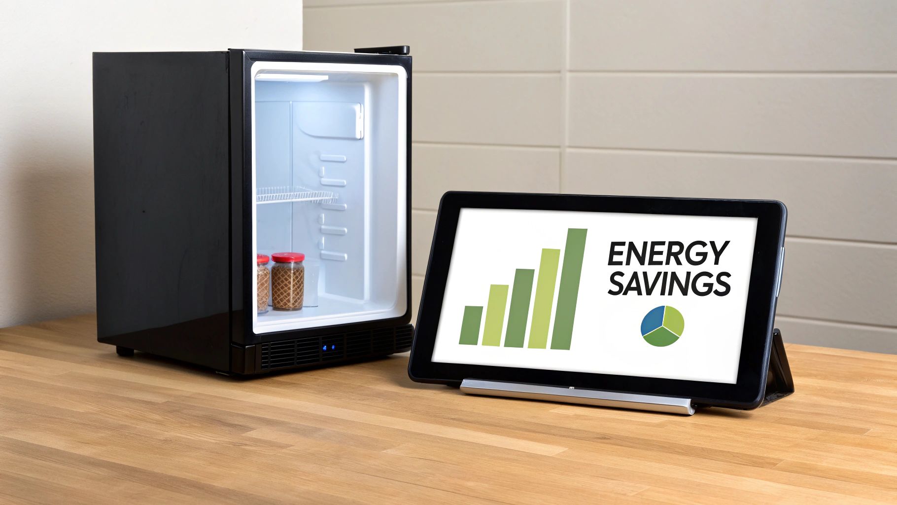 A black mini-fridge next to a tablet showing an 'Energy Savings' bar and pie chart.