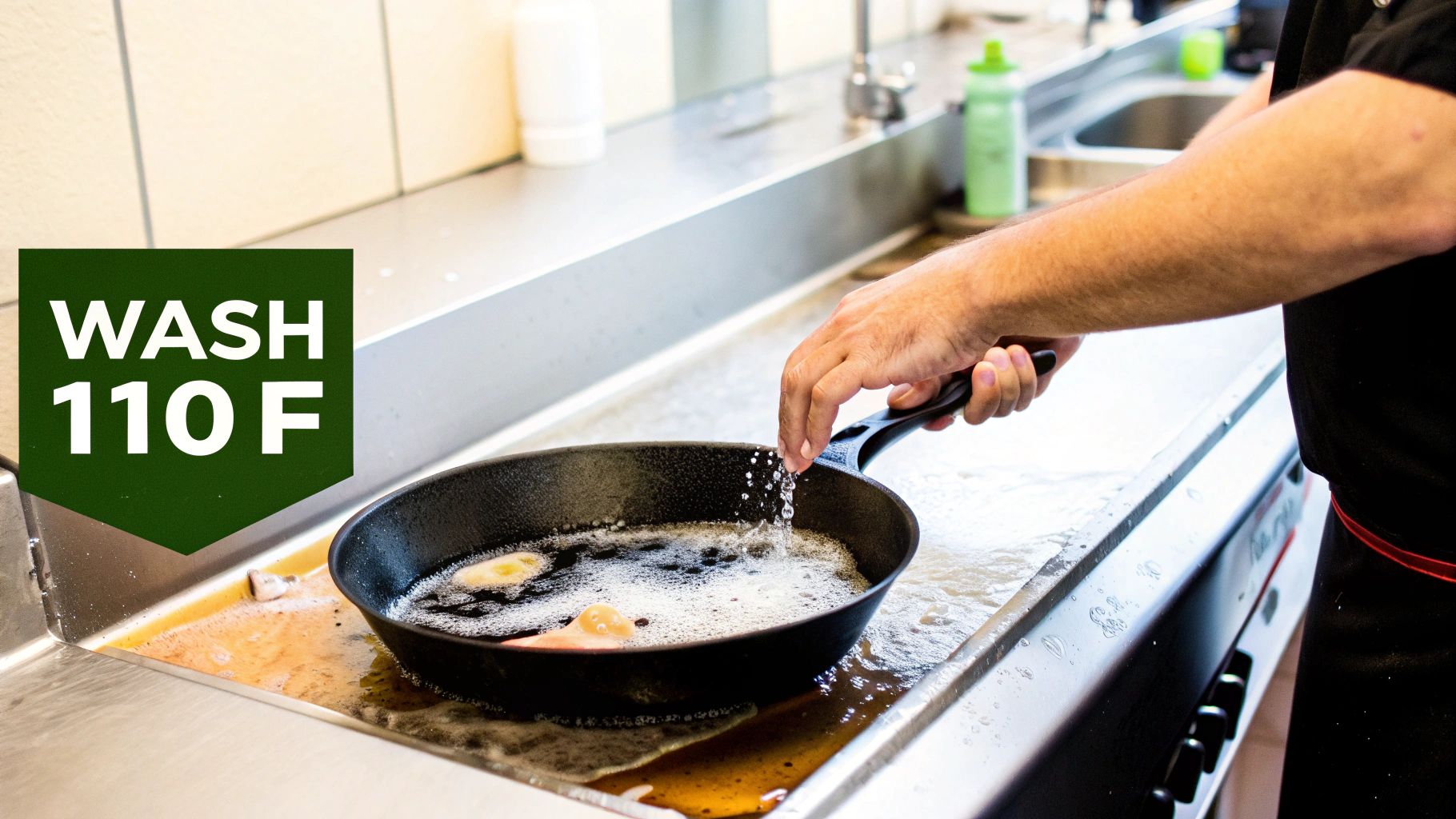Chef washes a dirty pan in a commercial kitchen sink with water, showing 'WASH 110 F' instruction.