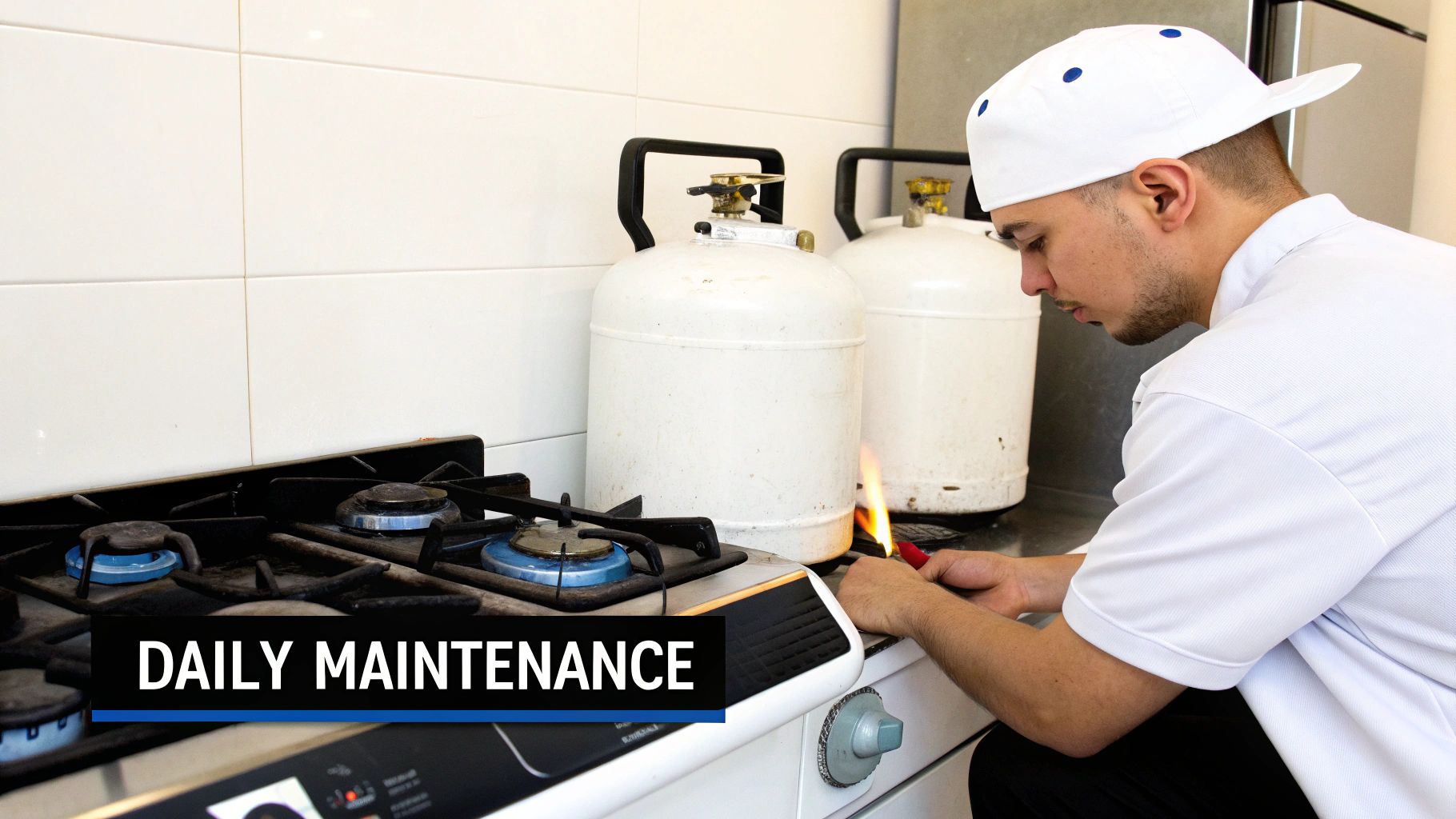 A person in a white uniform lights a gas stove burner with a lighter, next to two propane tanks.