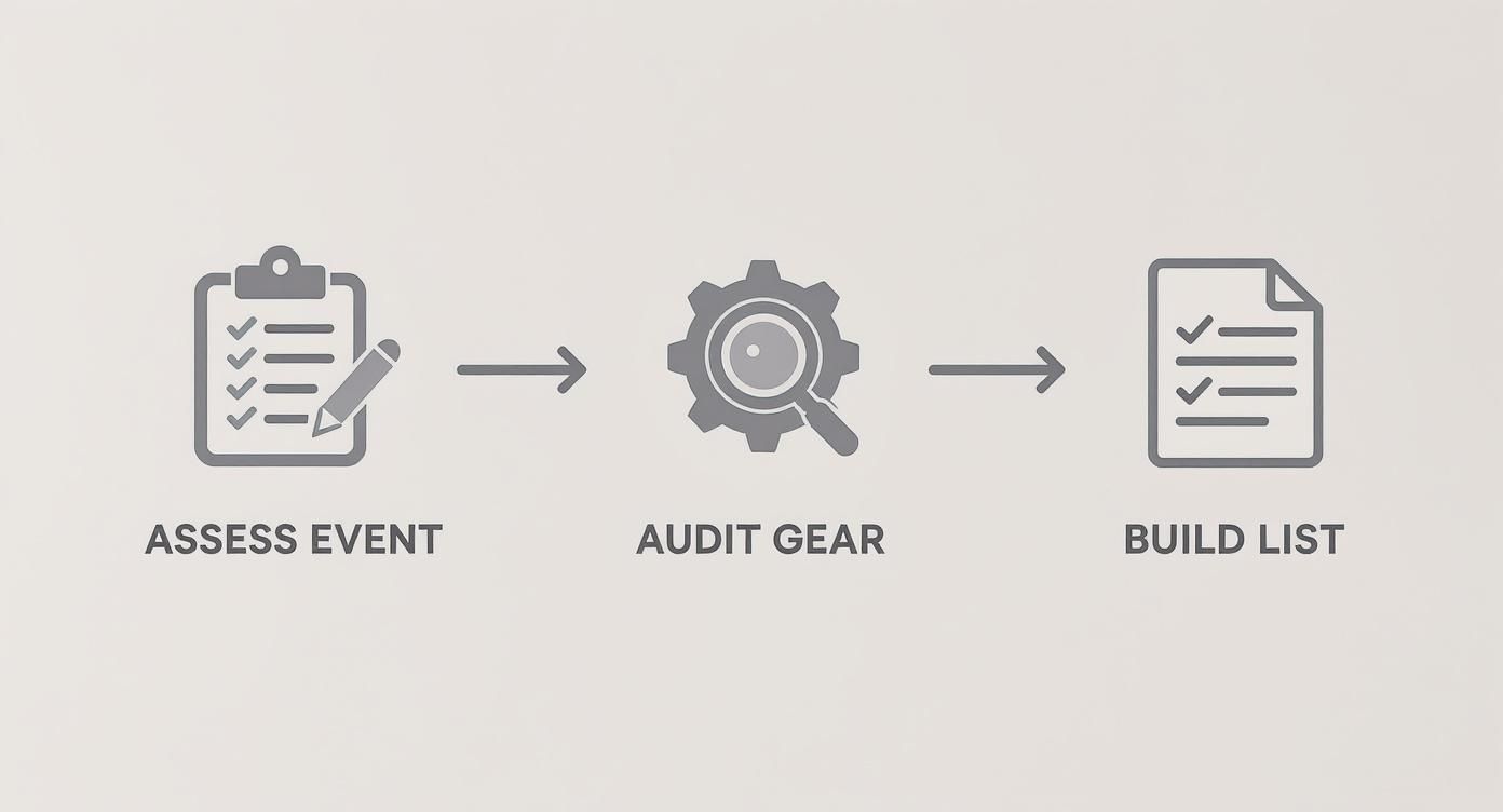 A three-step process diagram with icons for assessing events, auditing gear, and building a list.