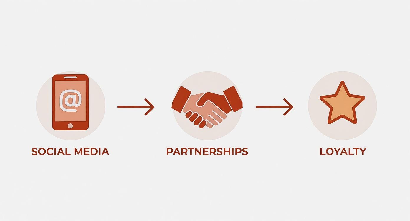 A process flow infographic showing the steps of a food truck's marketing strategy from social media engagement to partnerships and finally to building customer loyalty.