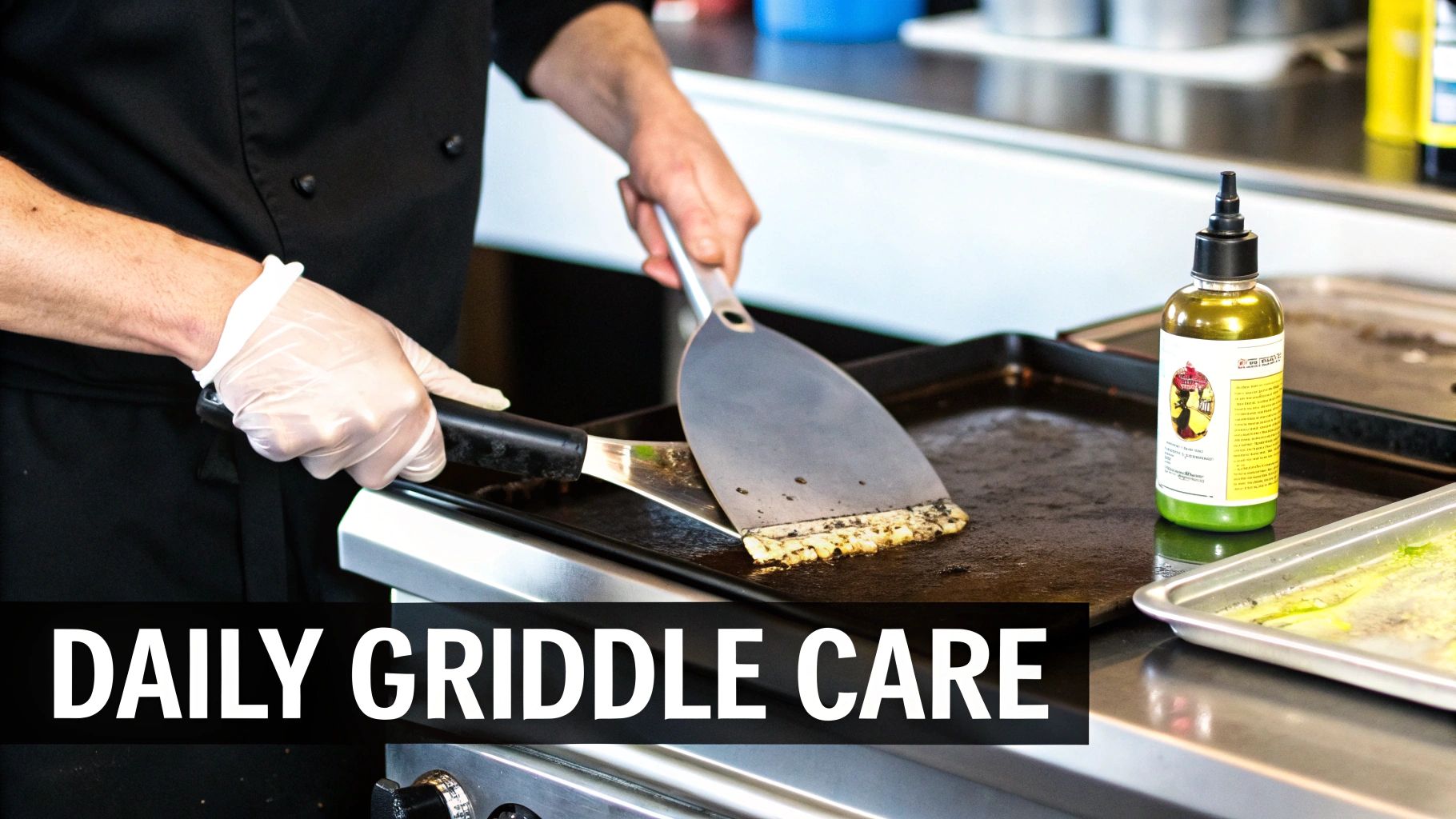 Chef wearing gloves cleans a hot griddle with two spatulas, showcasing daily maintenance.