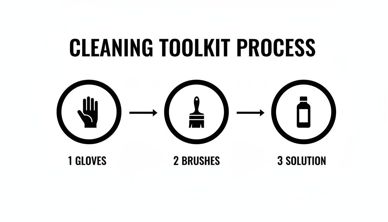 A black and white infographic illustrating a cleaning toolkit process with three steps: gloves, brushes, and solution.