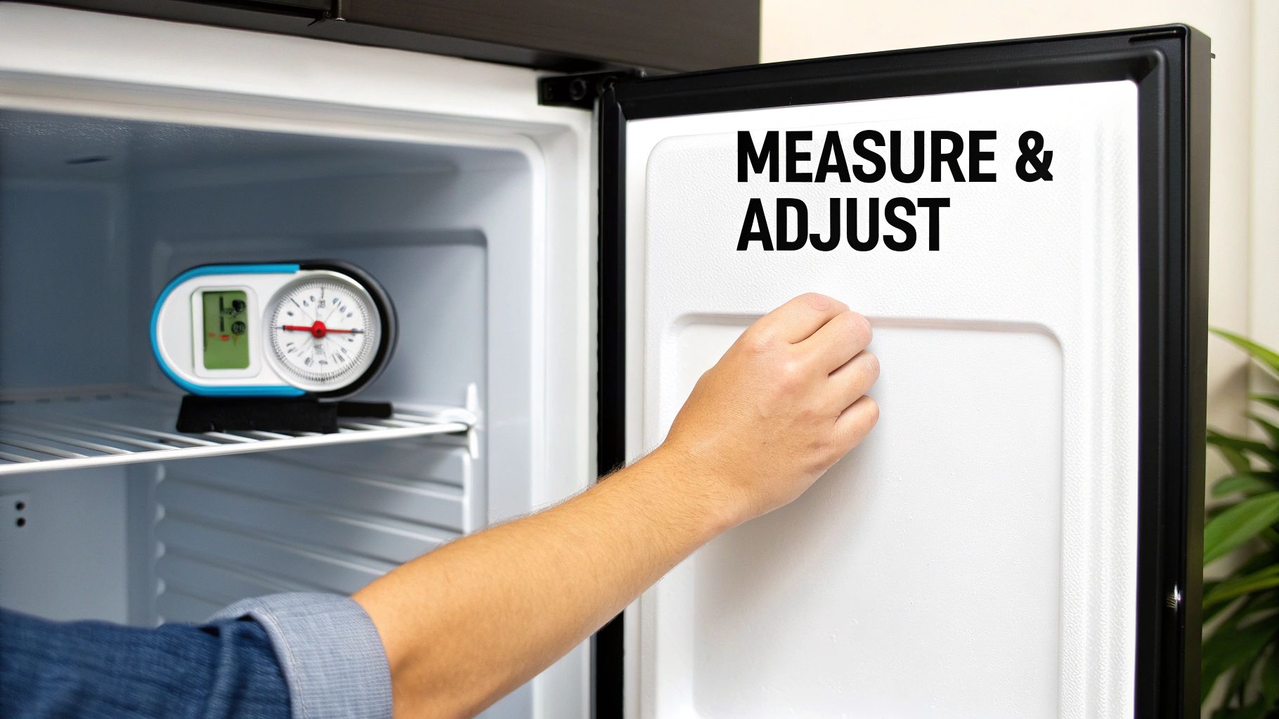 A hand reaches into an open mini-fridge, showing a thermometer and text 'MEASURE & ADJUST'.