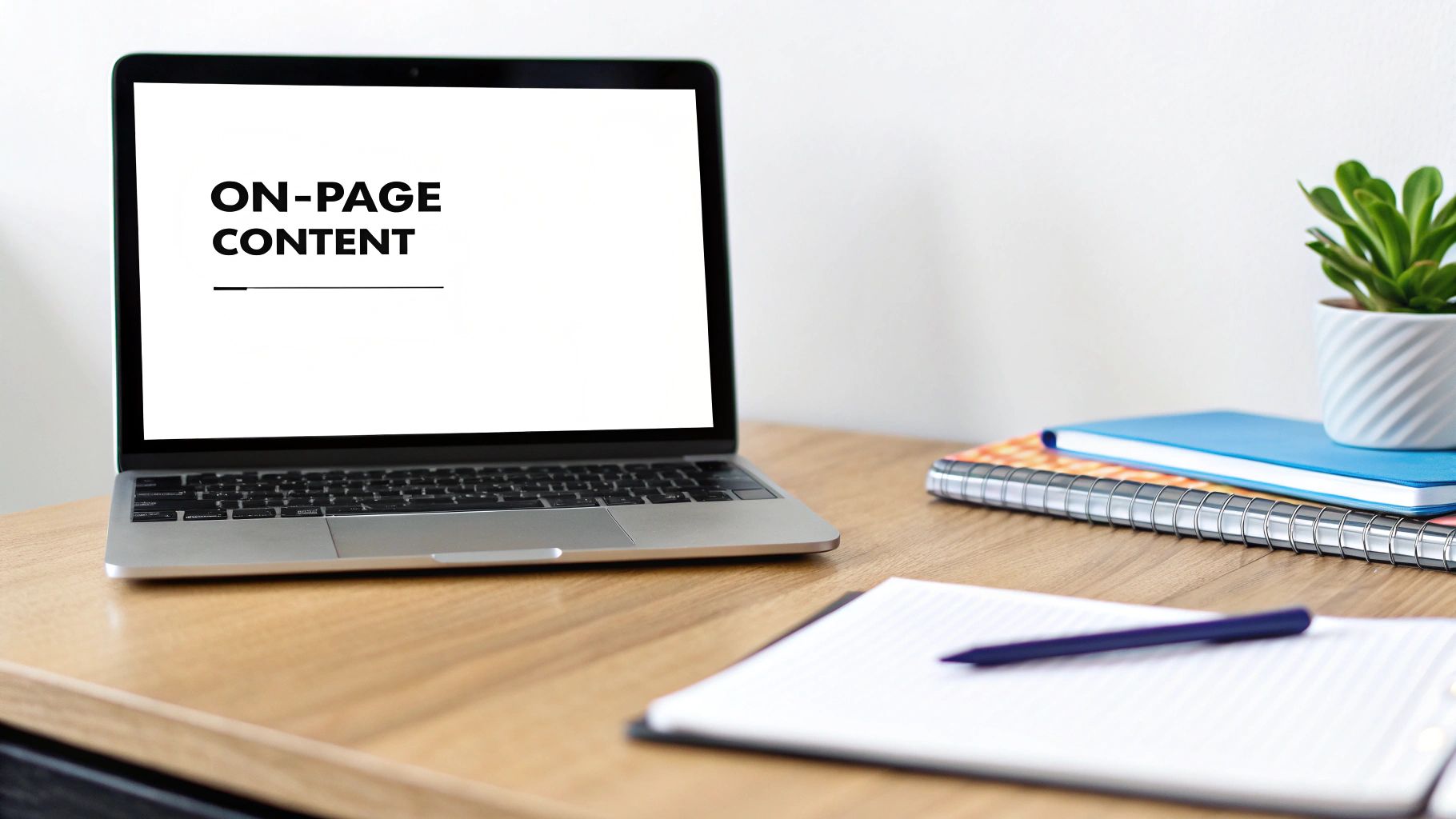 Laptop displaying 'ON-PAGE CONTENT' on a desk with notebooks, a pen, and a small plant.