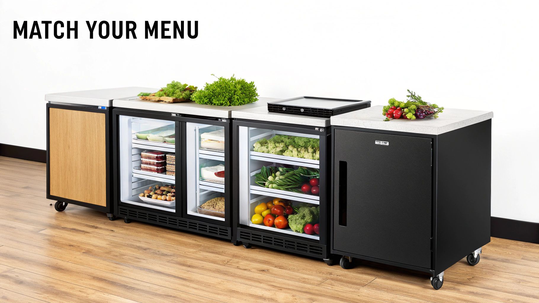 Modular refrigerated prep tables with various door types, displaying desserts, fruits, and vegetables.