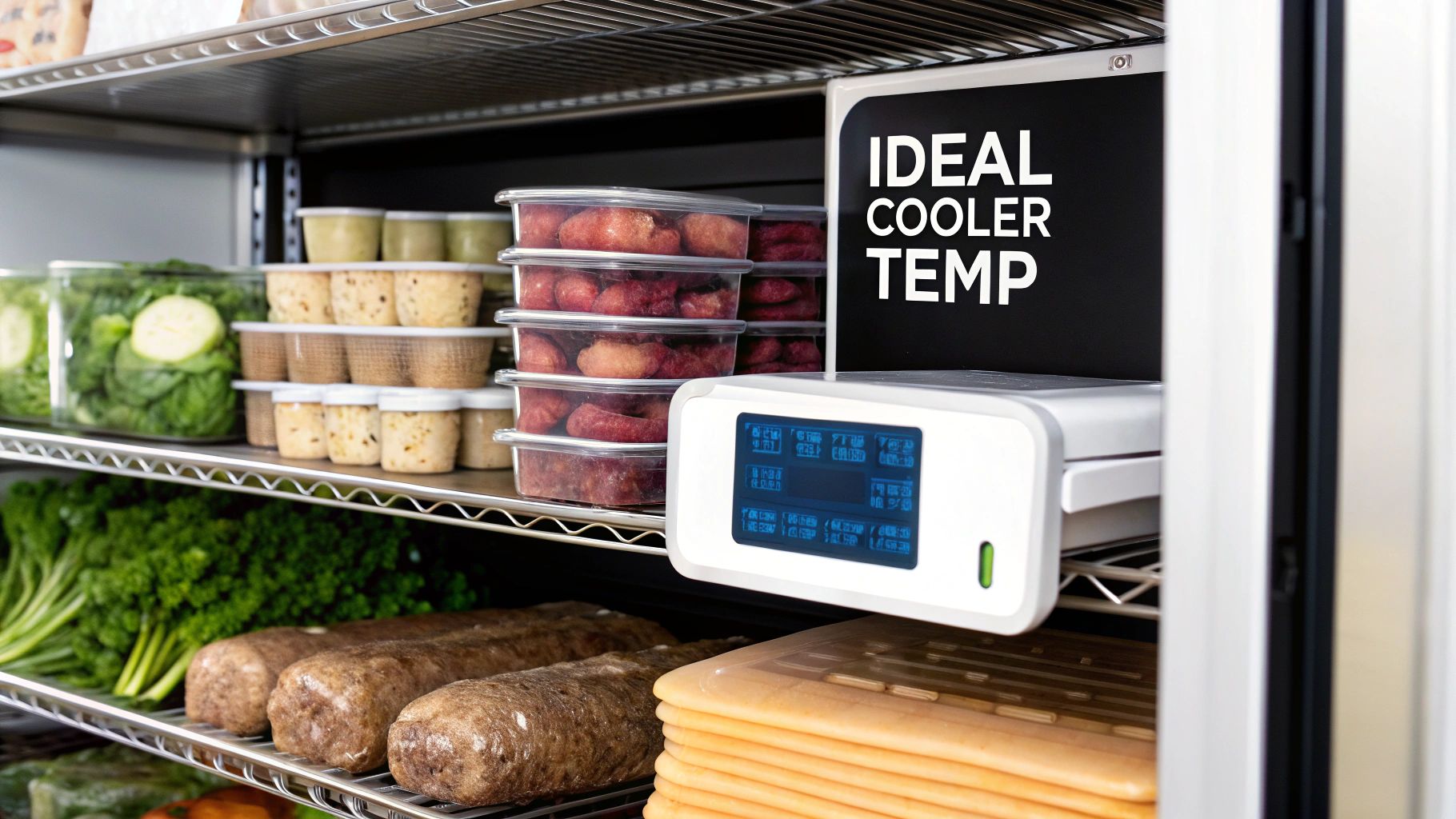 Inside a walk-in cooler, organized shelves hold food containers and fresh produce, with a digital temperature monitor displaying 'IDEAL COOLER TEMP'.