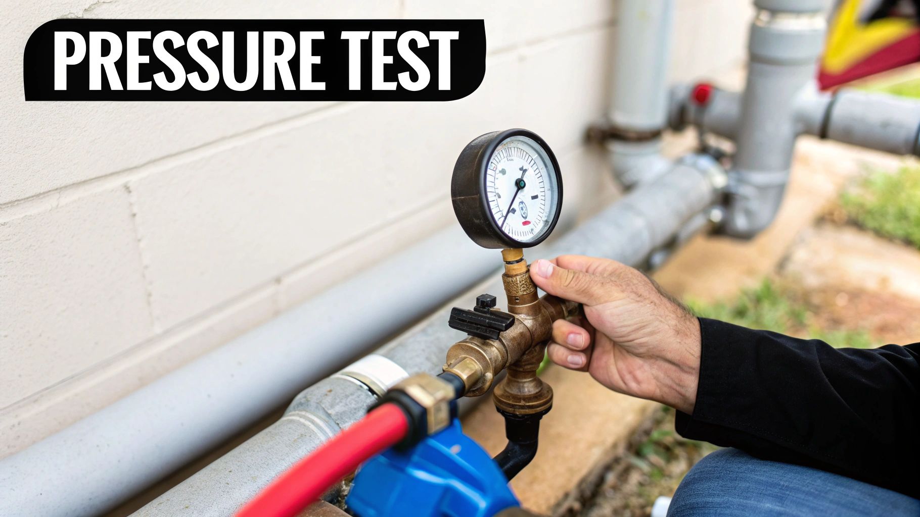 Person performing a pressure test on a water line with a gauge, pipes visible against a wall.