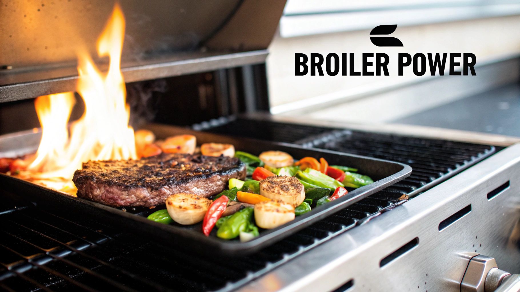 A sizzling steak, colorful vegetables, and scallops cooking on a black tray on a gas grill with flames. Text reads "BROILER POWER".