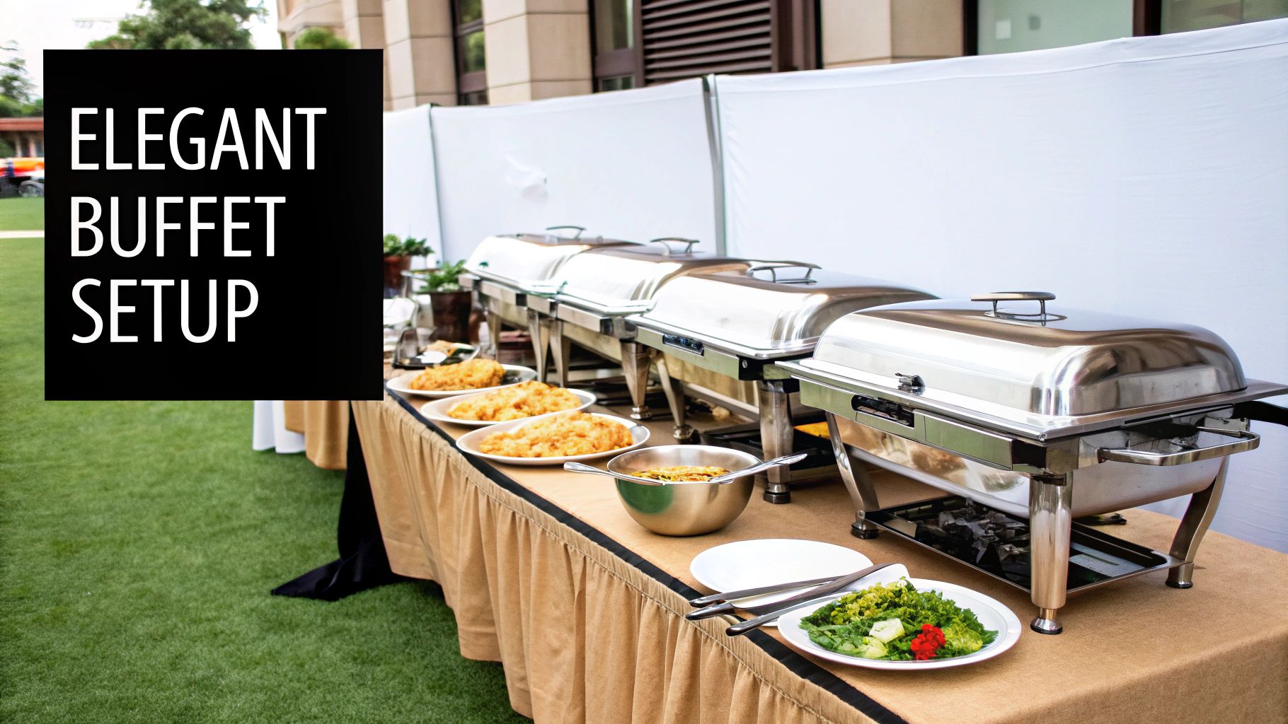 An elegant outdoor buffet setup with several stainless steel chafing dishes and plates of food on a table.