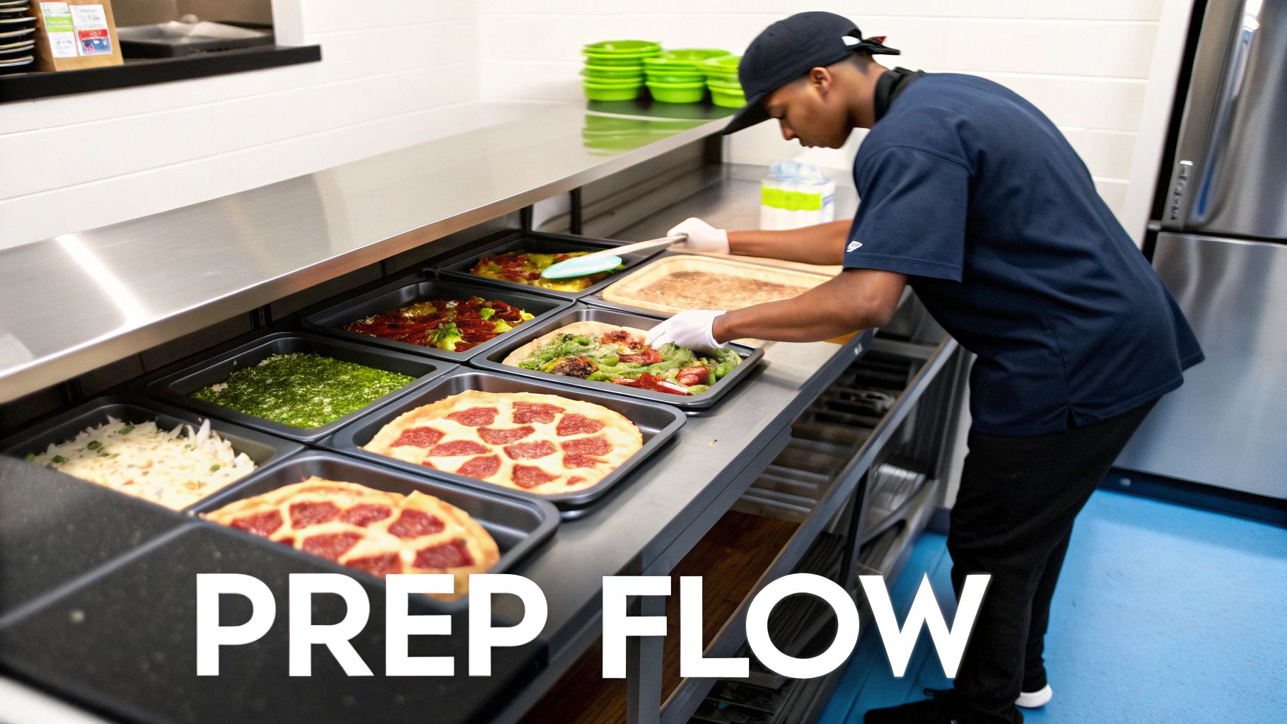 A chef in gloves prepares various pizzas and dishes on a stainless steel buffet line.