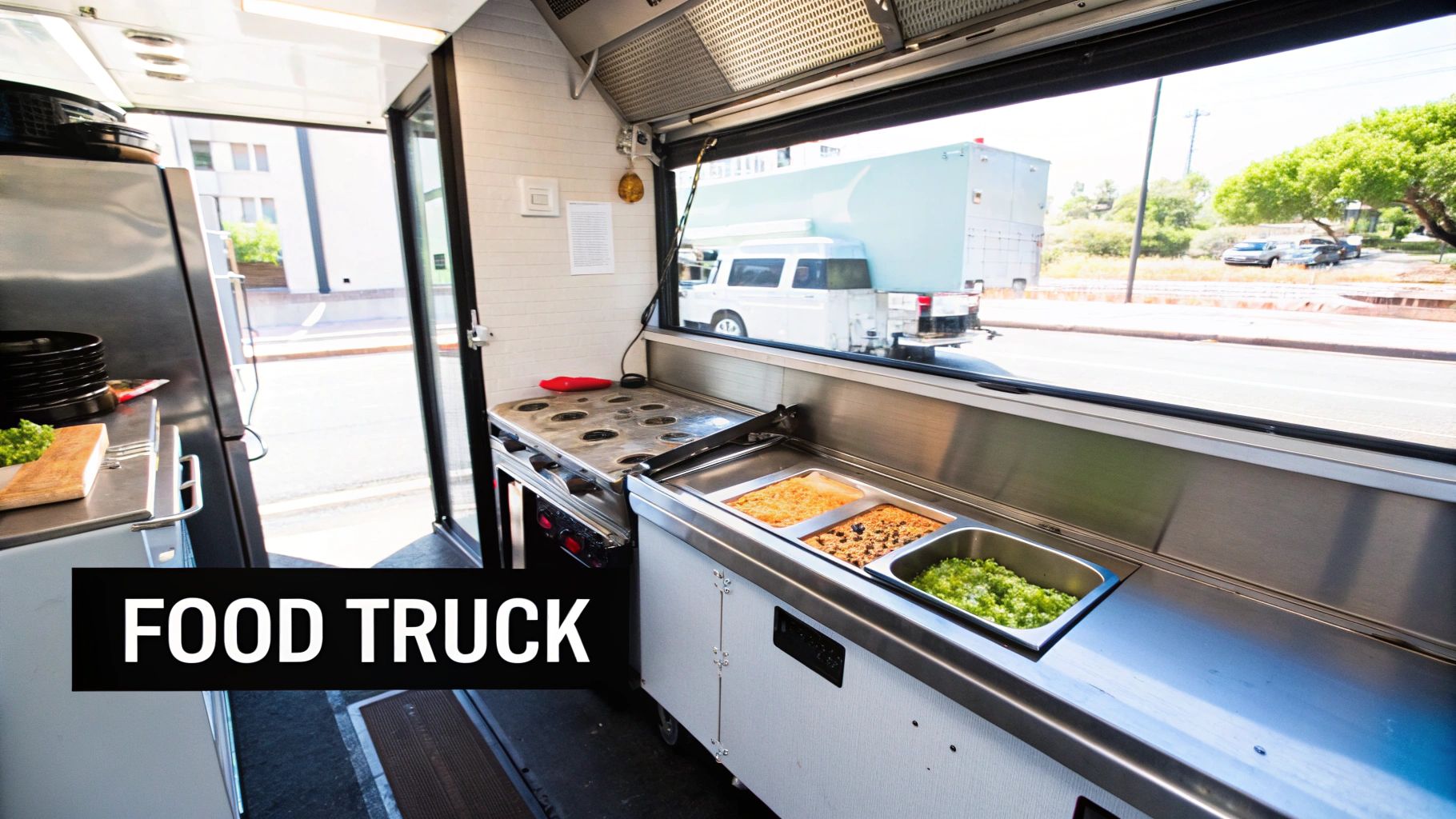 Interior view of a modern food truck kitchen featuring stainless steel equipment, prepared food, and a service window.