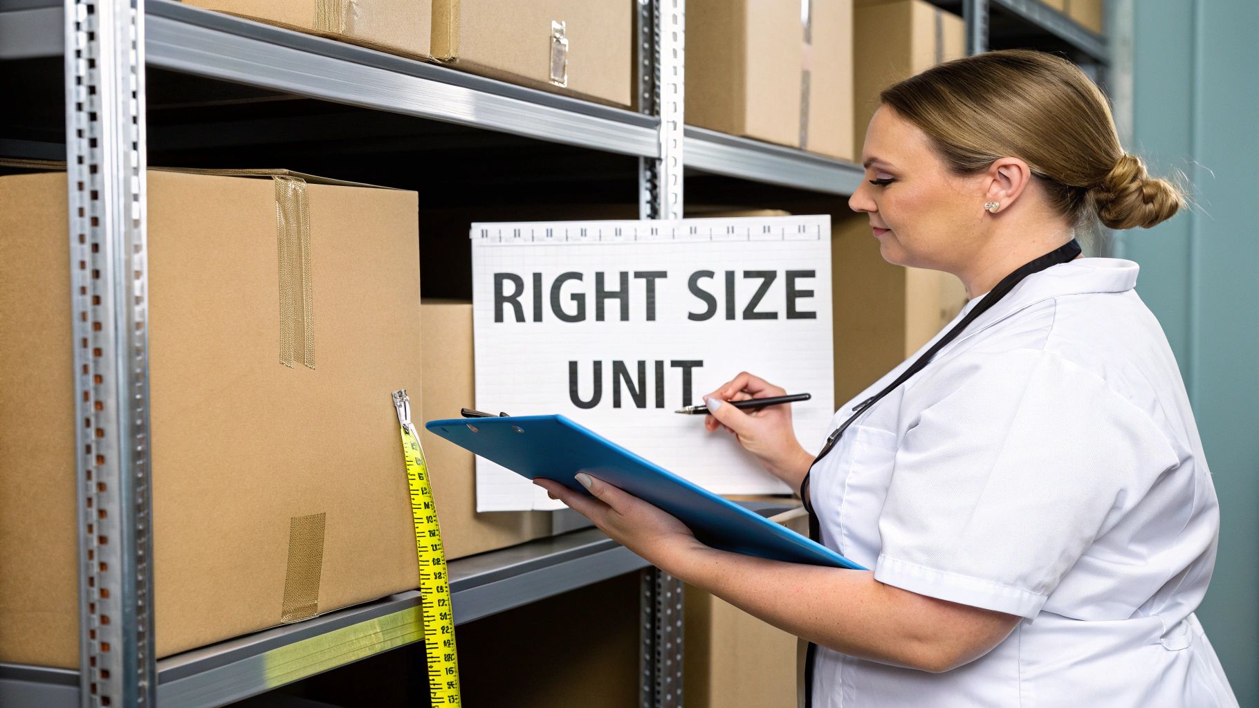 A warehouse worker measures a cardboard box with a tape measure and records data on a clipboard.