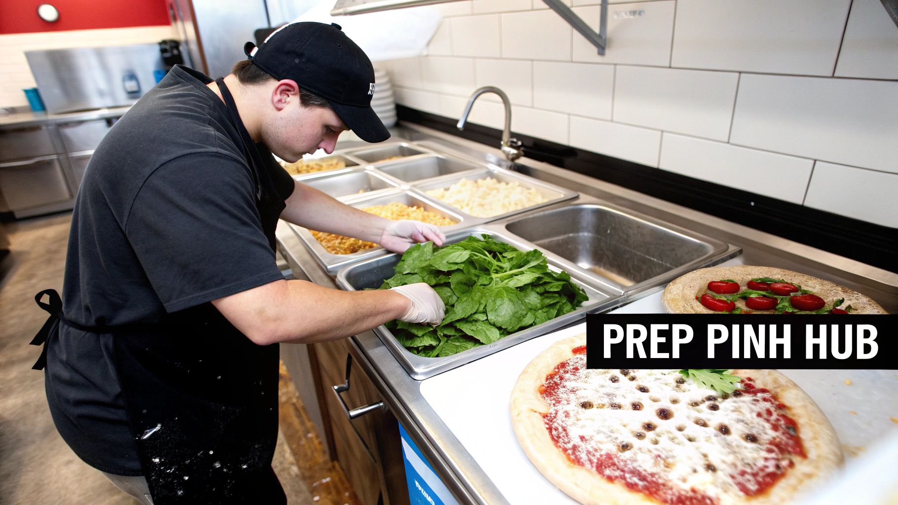 A chef prepares food in a commercial kitchen, adding fresh greens to a prep station alongside pizzas.