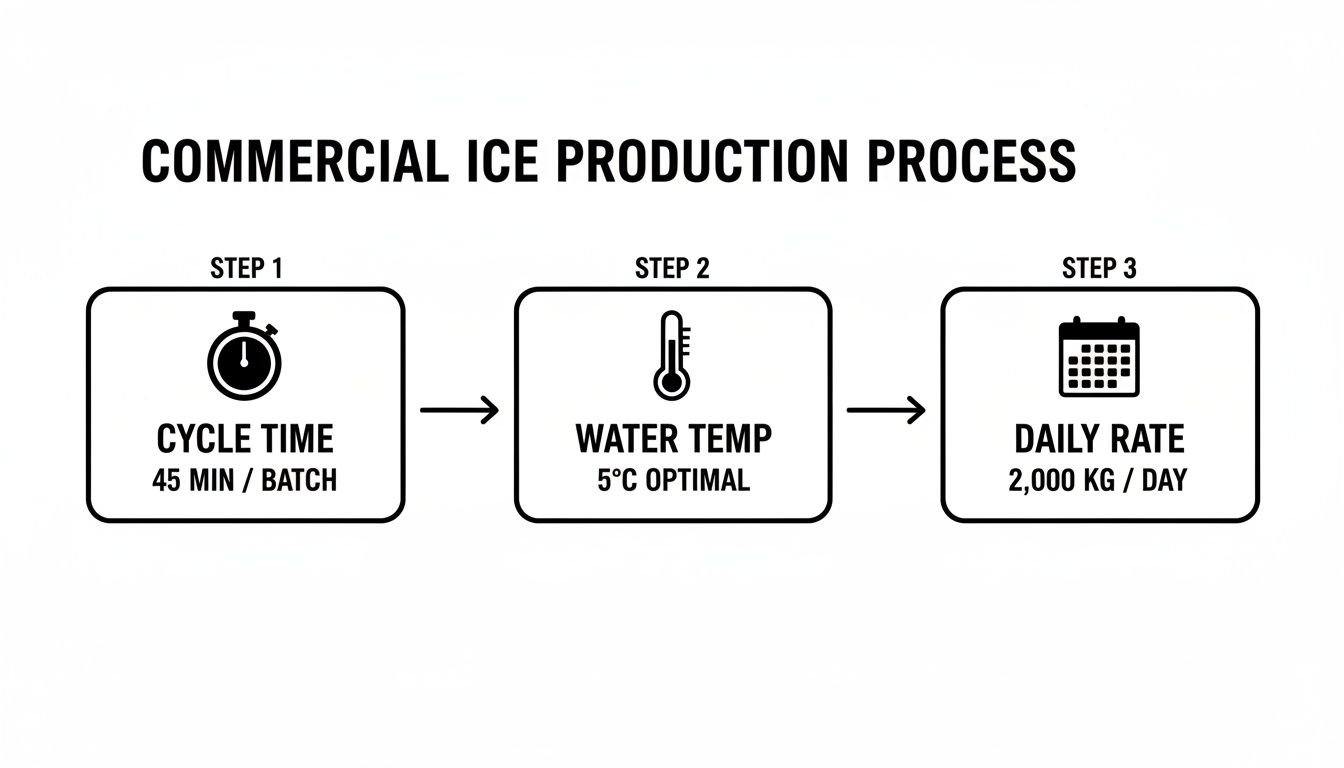 Flowchart illustrating the commercial ice production process with three steps: cycle time, water temperature, and daily rate.