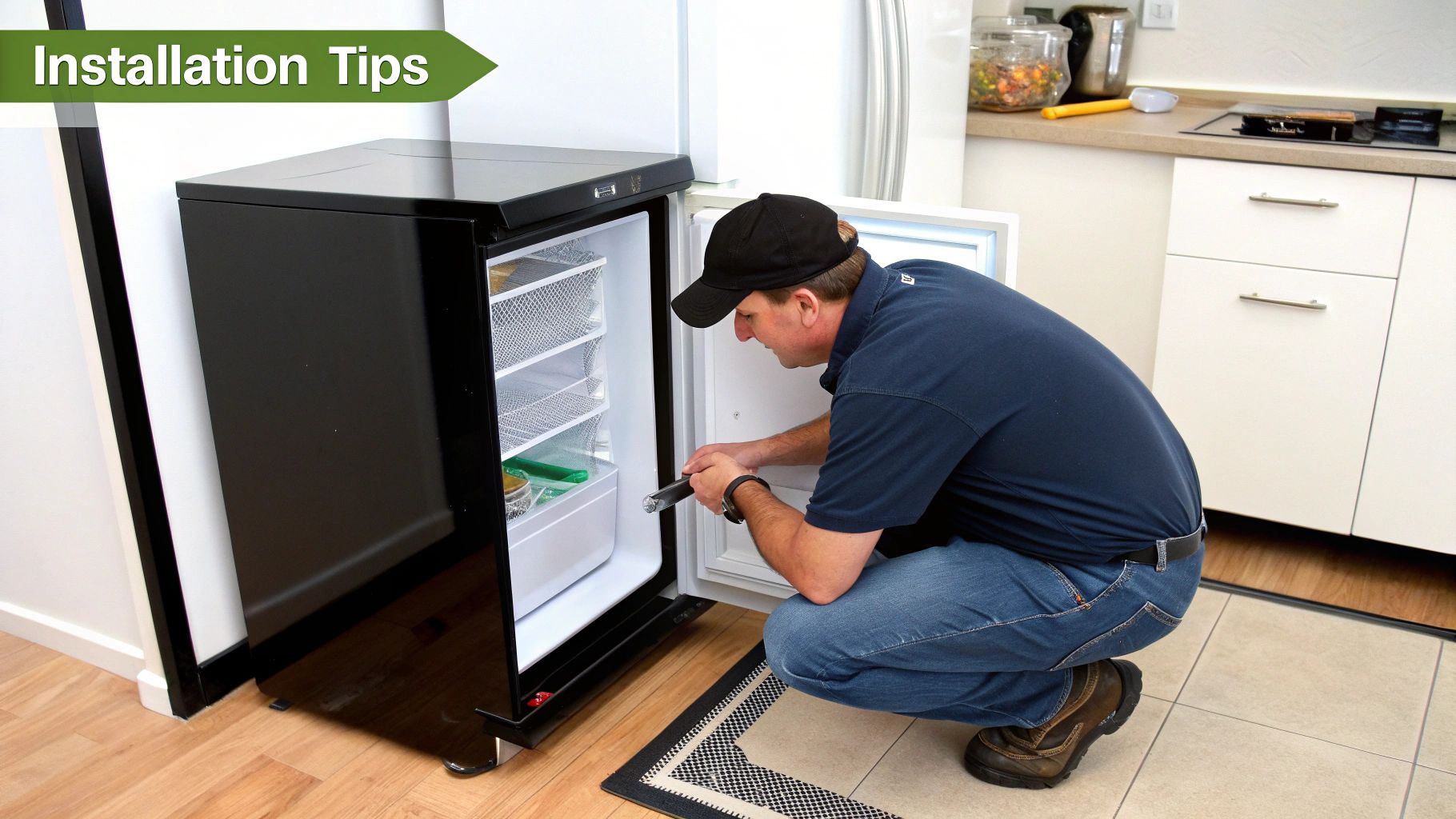 An under counter fridge installed neatly within kitchen cabinetry.