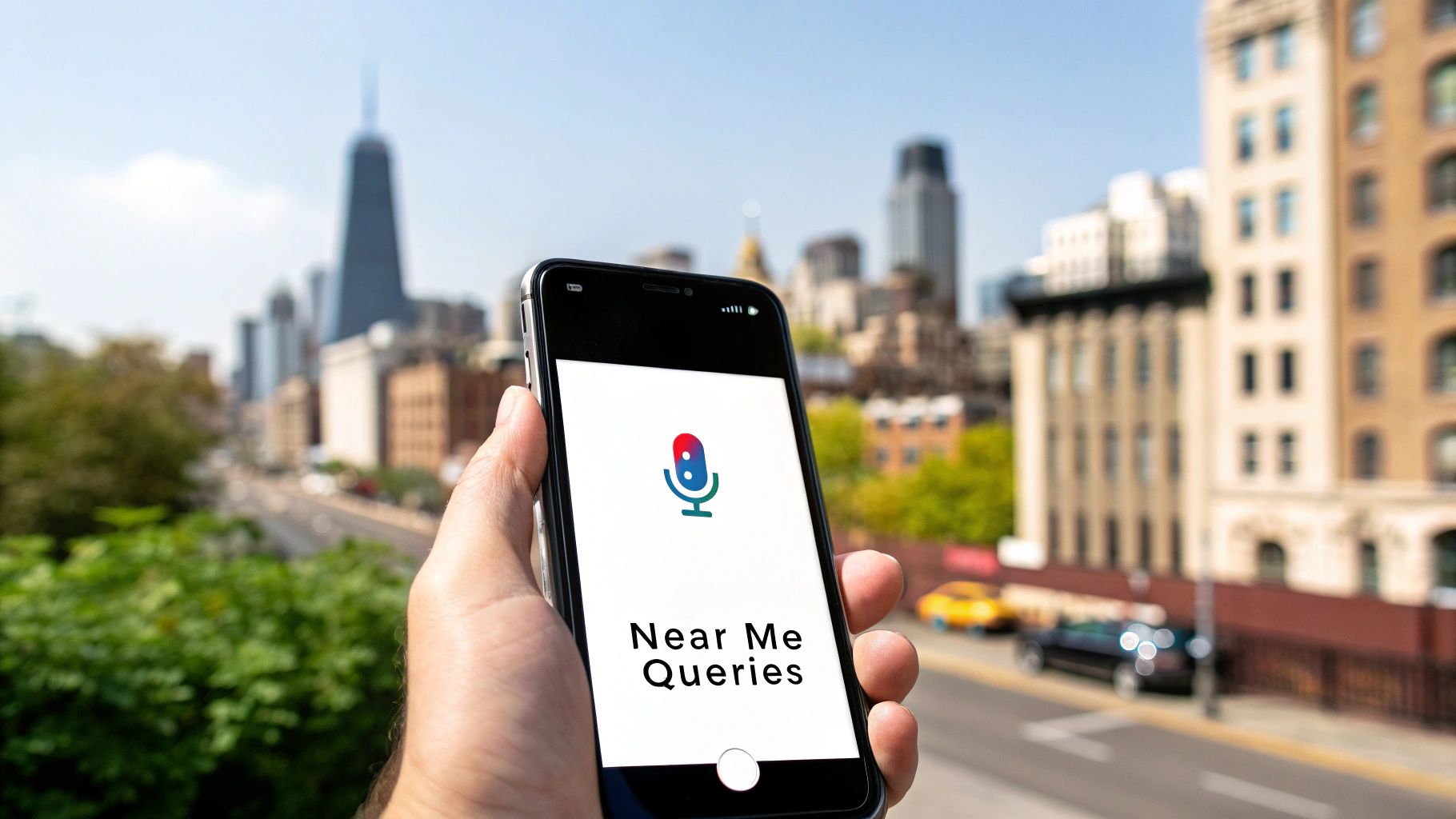 A map with location pins, representing local search.