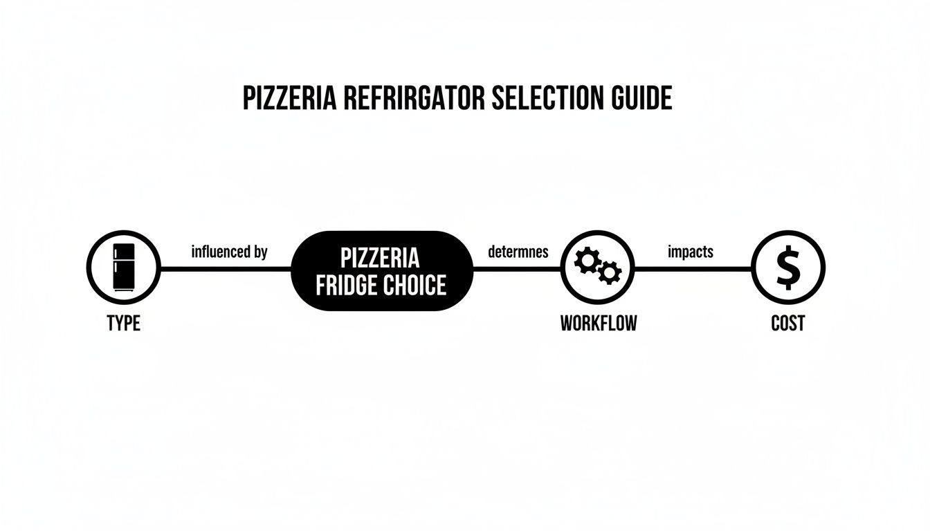 Diagram illustrating factors influencing pizzeria refrigerator choice, workflow, and overall cost.
